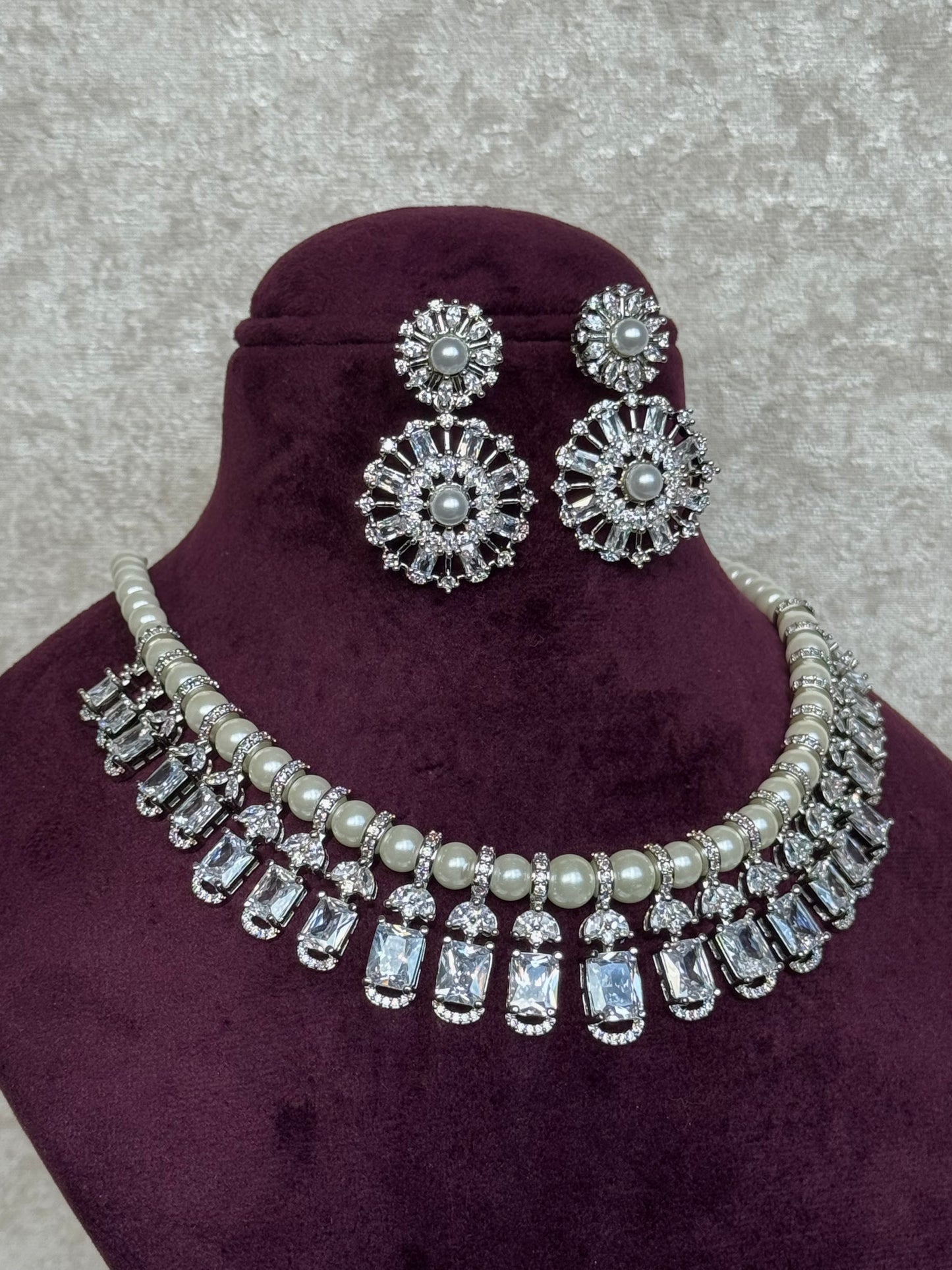 Pearl & AD Set | Necklace & Earrings