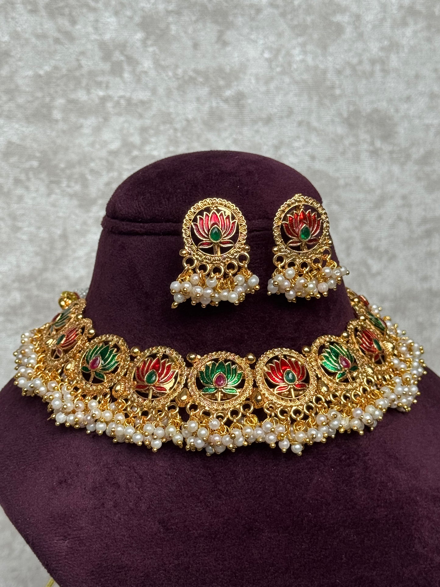 Lotus Clustered Pearl Style Necklace Set | The Tara Collection