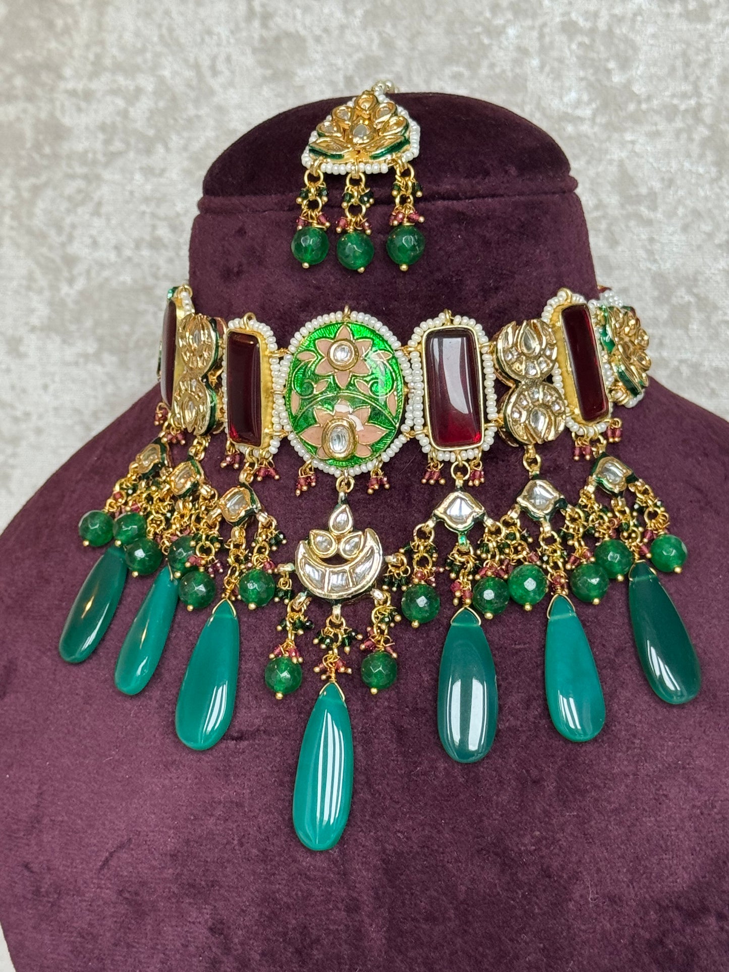 Meenakari Choker Set with stone drops | Necklace, Earrings & Tikka | The Tara Collection