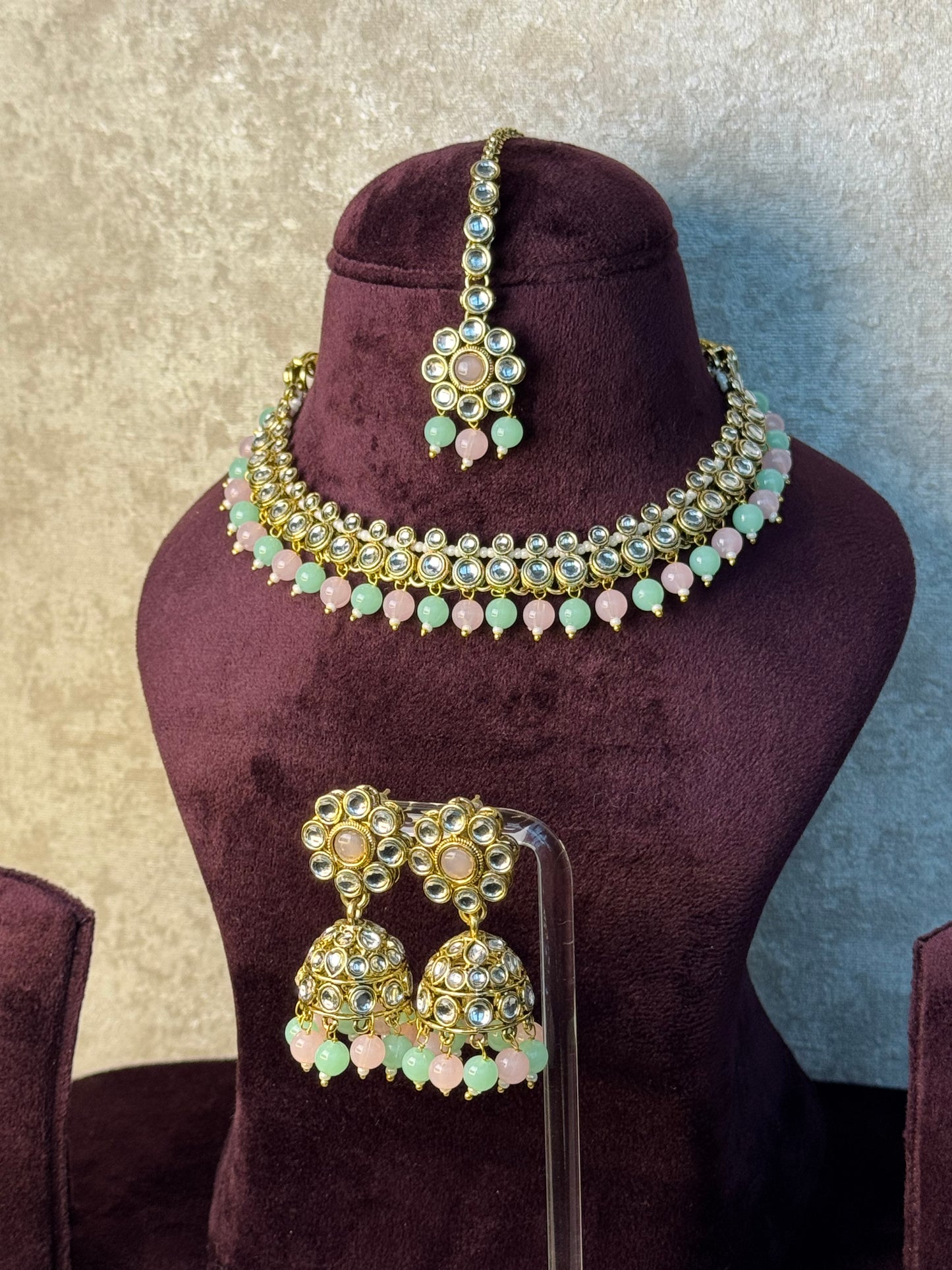 Slim Neckline Kundan Necklace Set | Necklace, Jhumka & Tikka