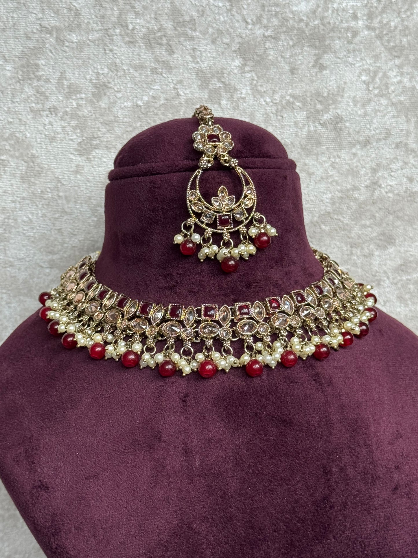 Crystal Champagne Stone Necklace Set (with earrings & tikka)