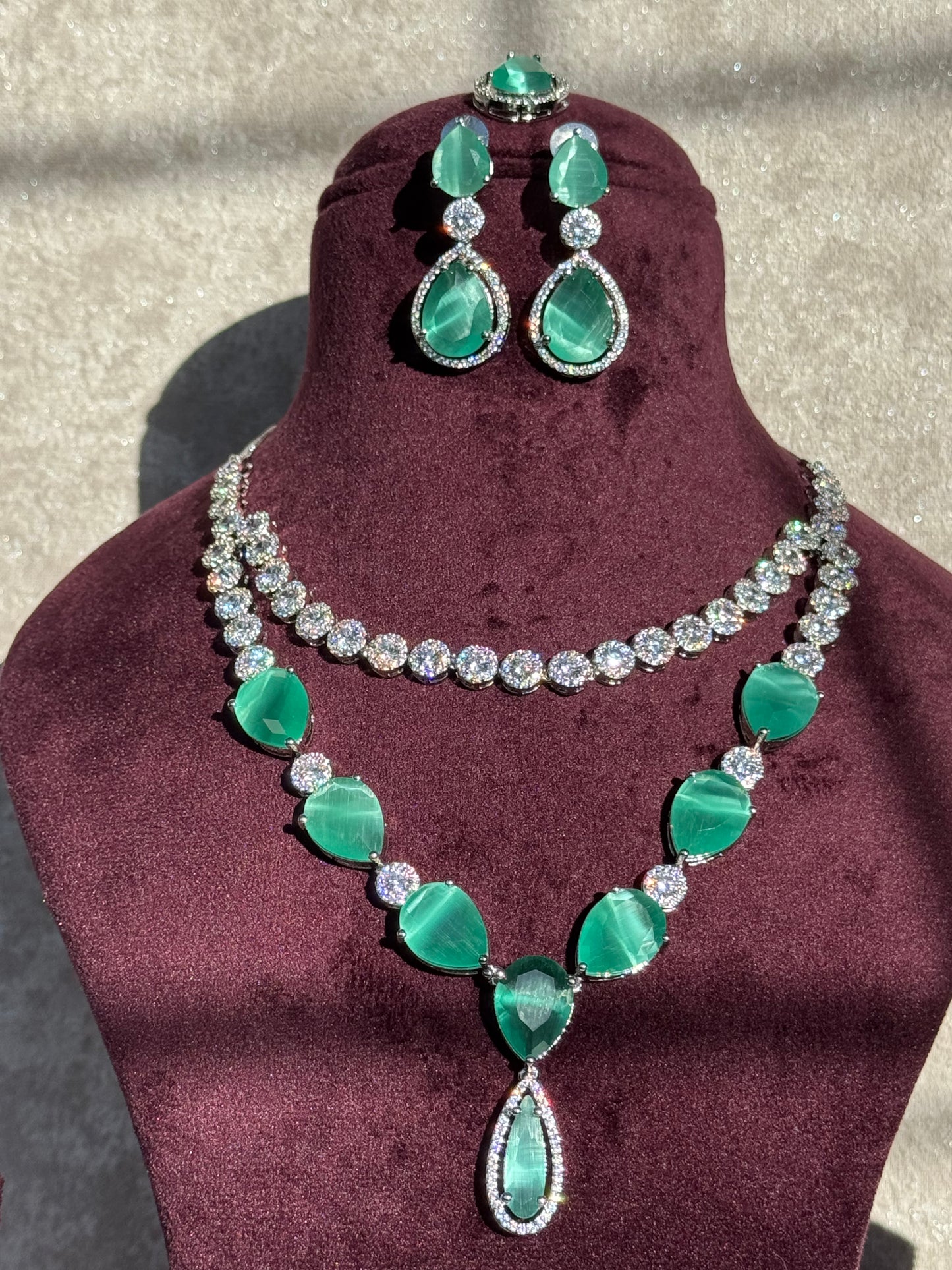 Mint Green American Diamond Set | Double Layered Necklace, Earrings & Tikka