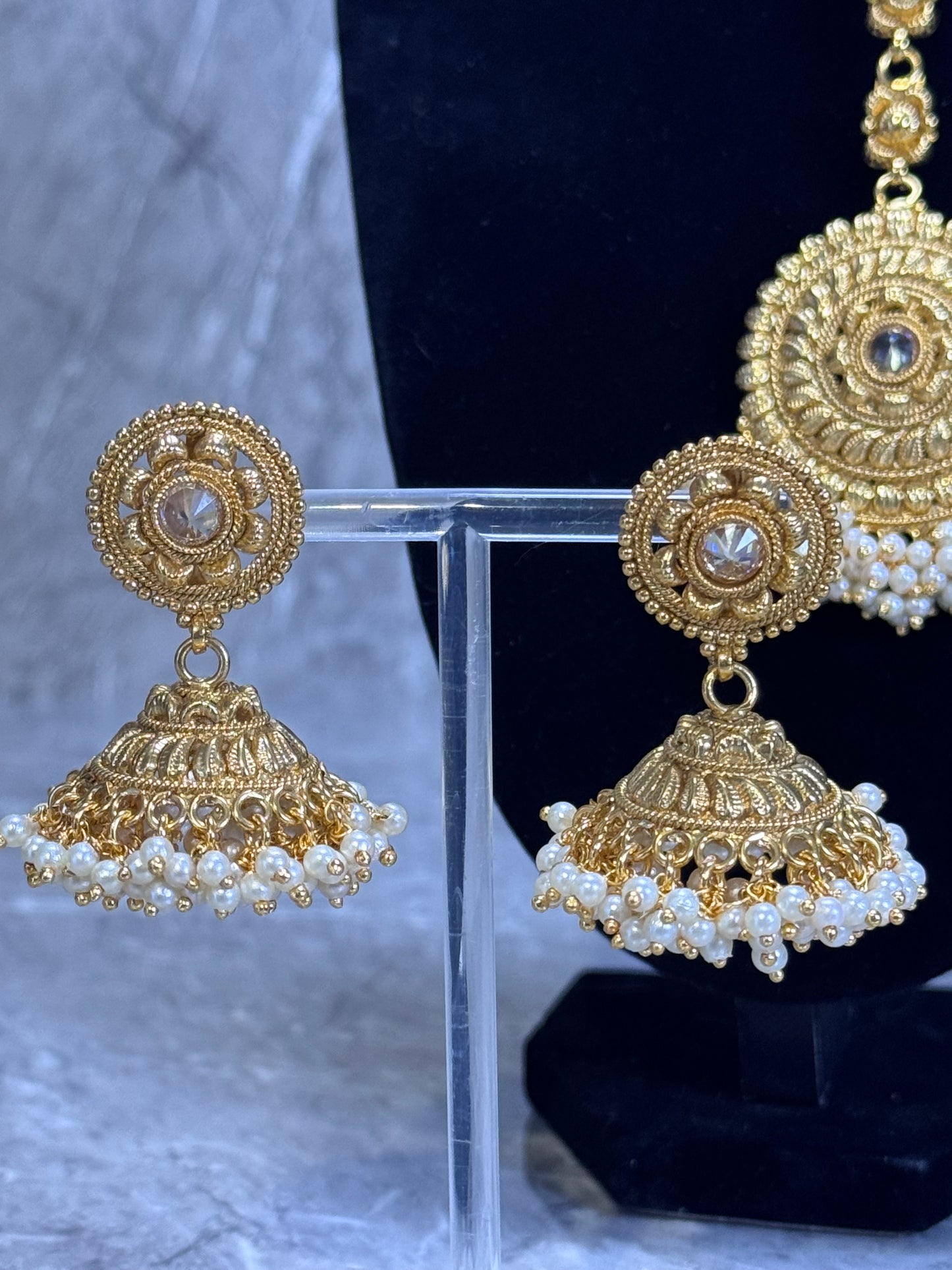 Gold Plated Clustered Pearl Style Tikka Set | The Tara Collection