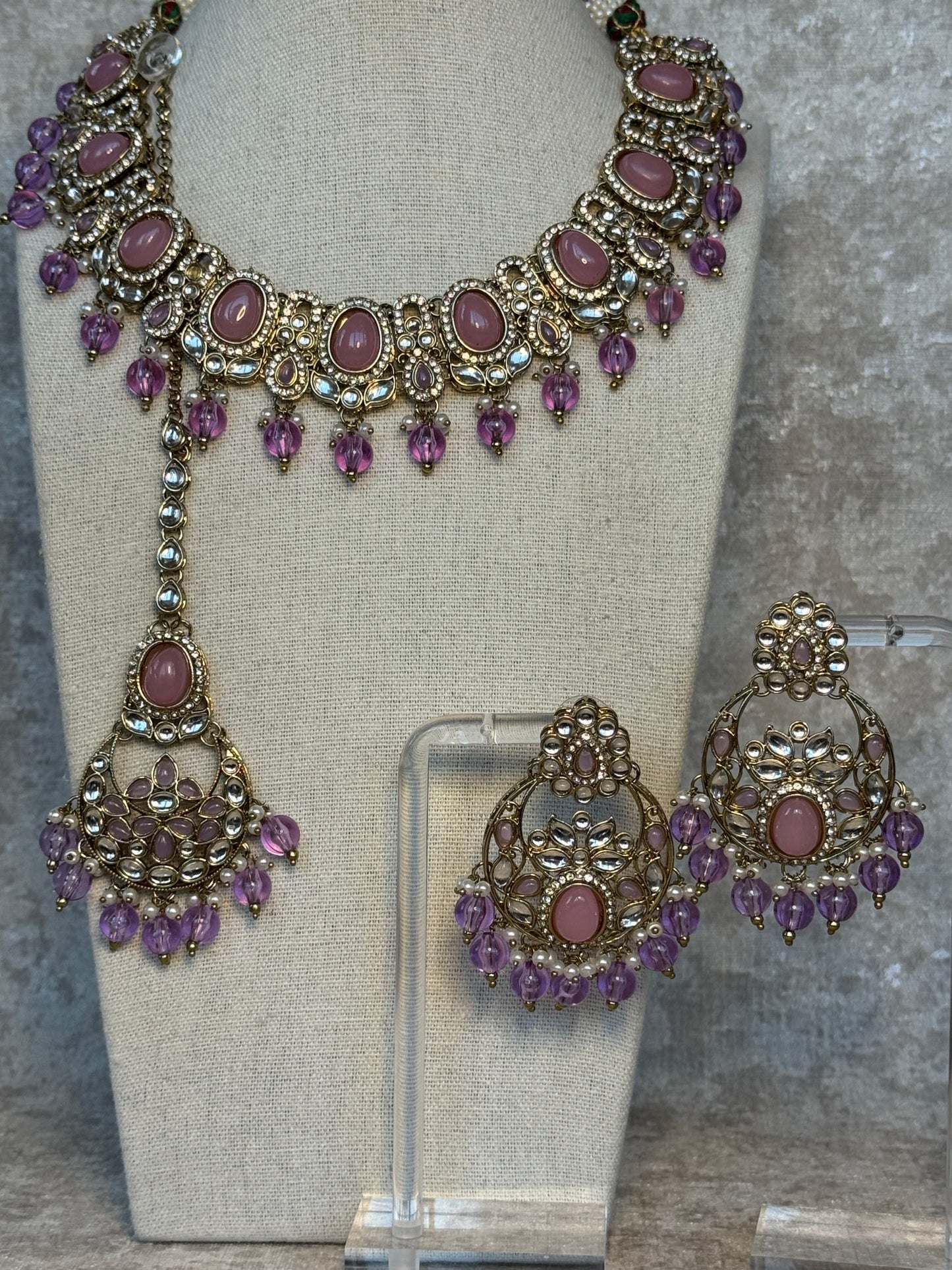 Purple & Pink Necklace Set with Tikka