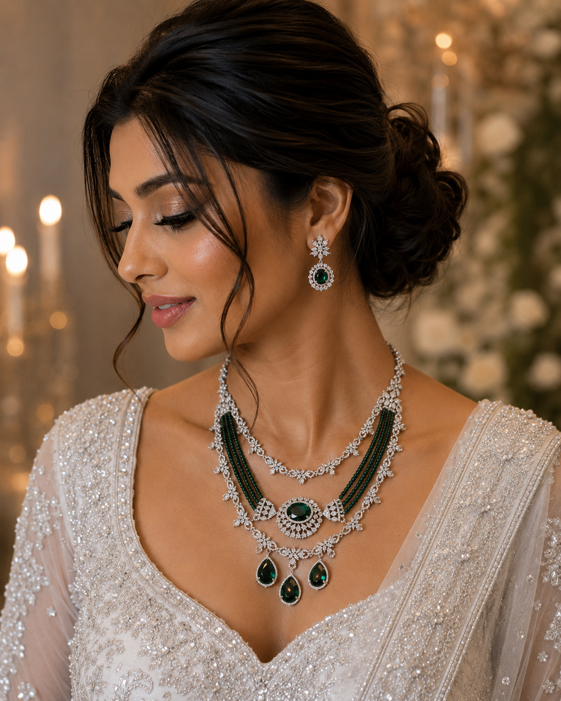 Emerald American Diamond Layered Necklace Set | The Tara Collection