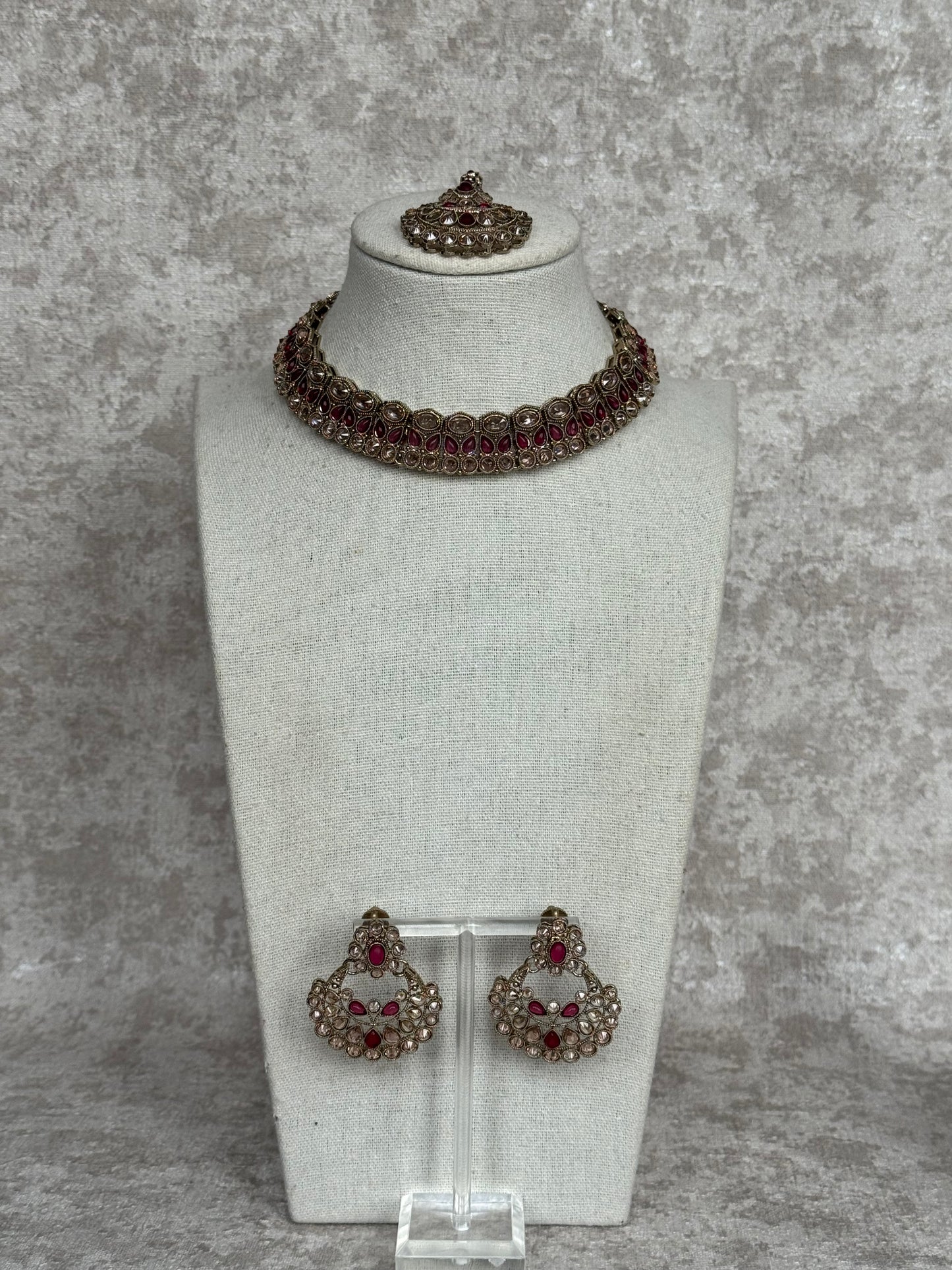 Plum Slim Necklace Set | with earrings & tikka