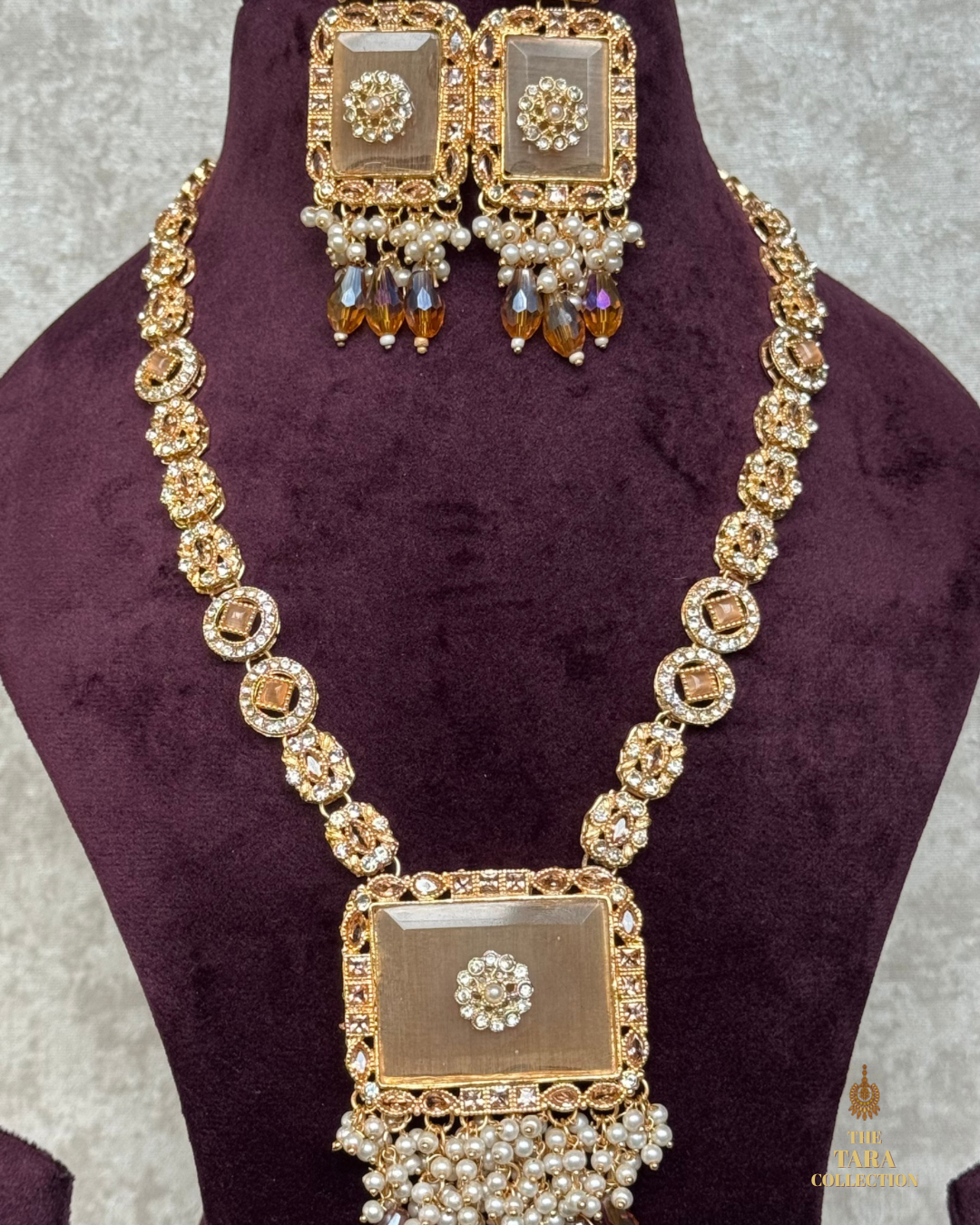 Long Peach Brushed Gold Necklace Set | The Tara Collection