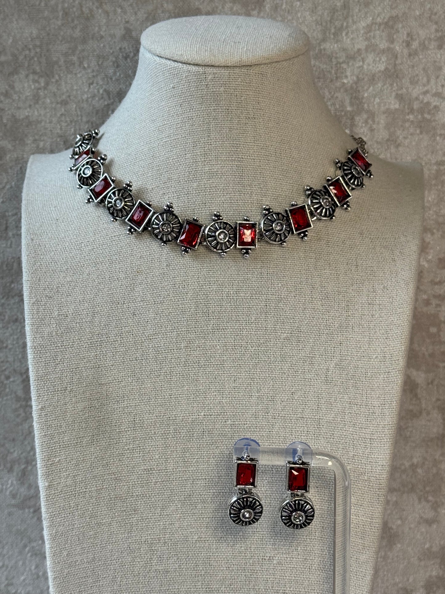 Oxidised Silver Tone Choker Necklace & Stud Earring Set