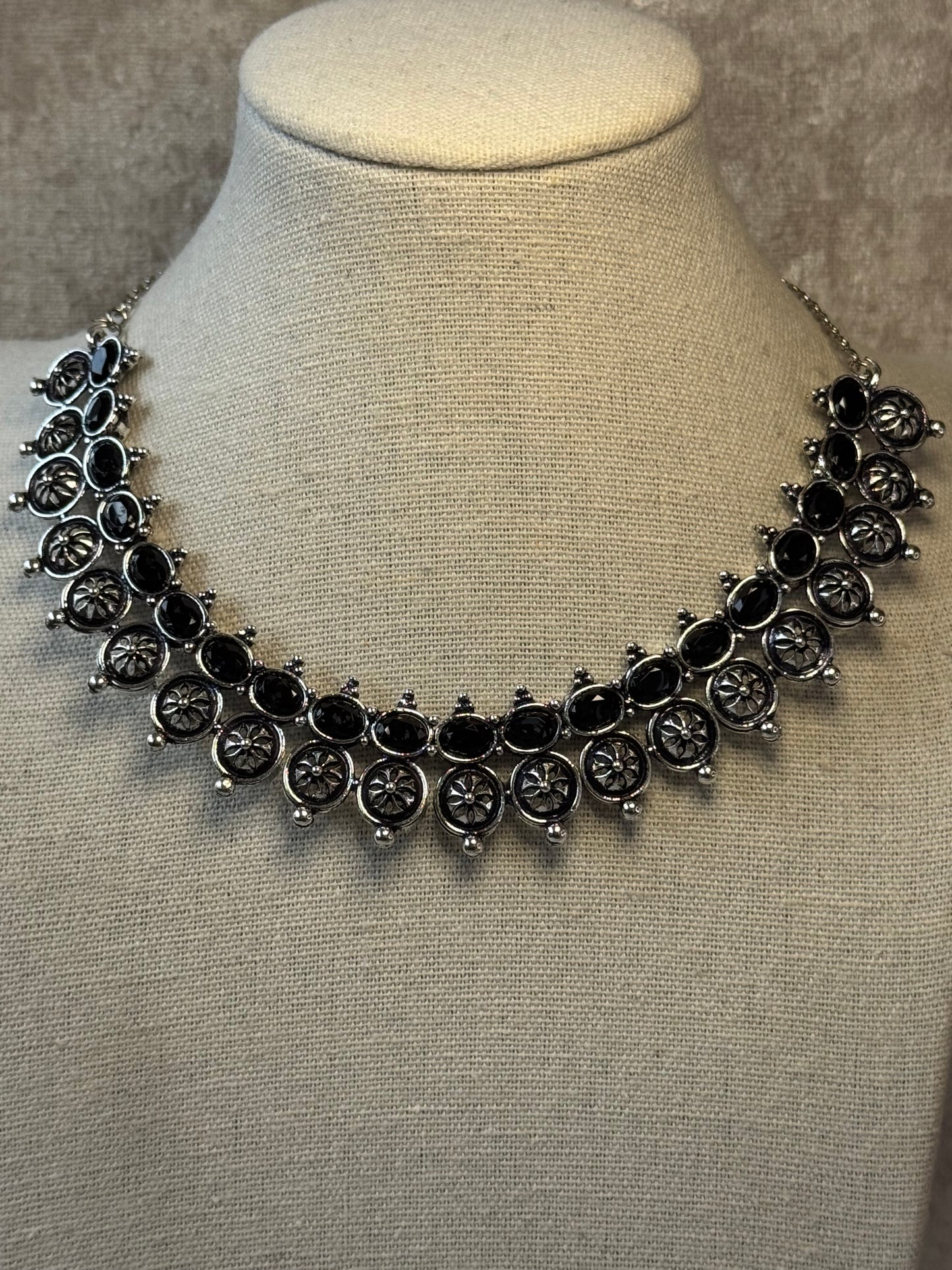 Oxidised Silver Ethnic Choker Necklace & Earring Set with Clear Stone Accents