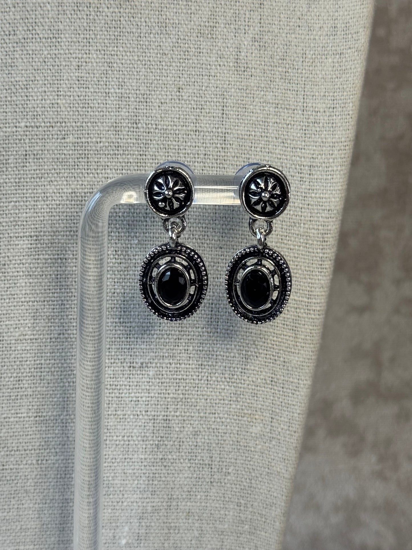 Oxidised Silver Ethnic Choker Necklace & Earring Set with Clear Stone Accents