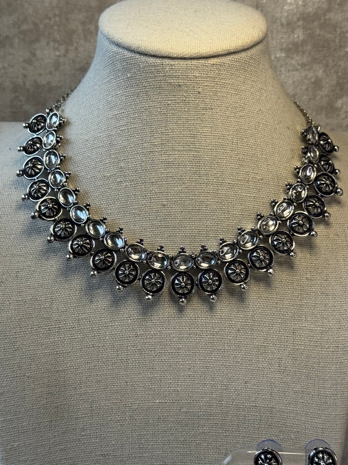 Oxidised Silver Ethnic Choker Necklace & Earring Set with Clear Stone Accents
