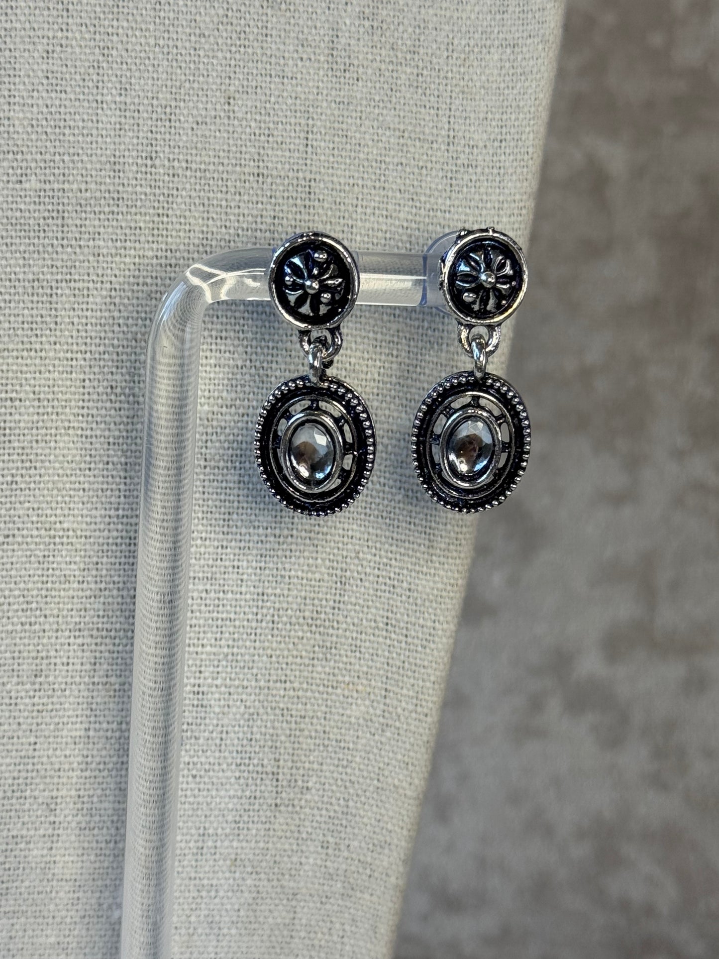 Oxidised Silver Ethnic Choker Necklace & Earring Set with Clear Stone Accents