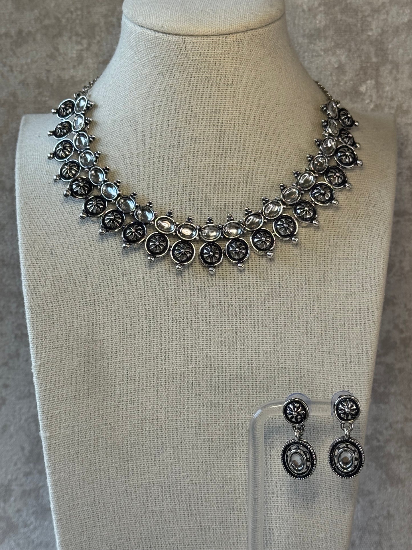 Oxidised Silver Ethnic Choker Necklace & Earring Set with Clear Stone Accents