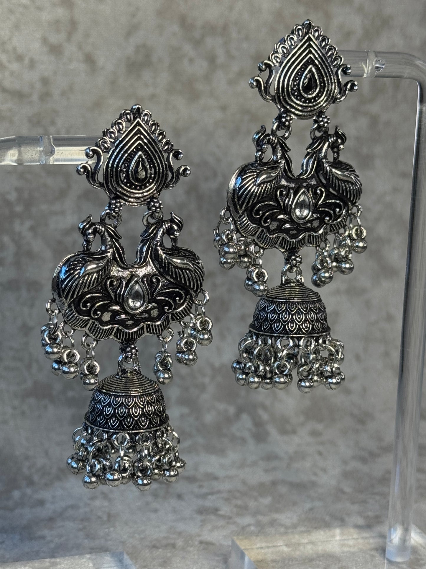 Oxidised Jhumka Earrings with bird motif