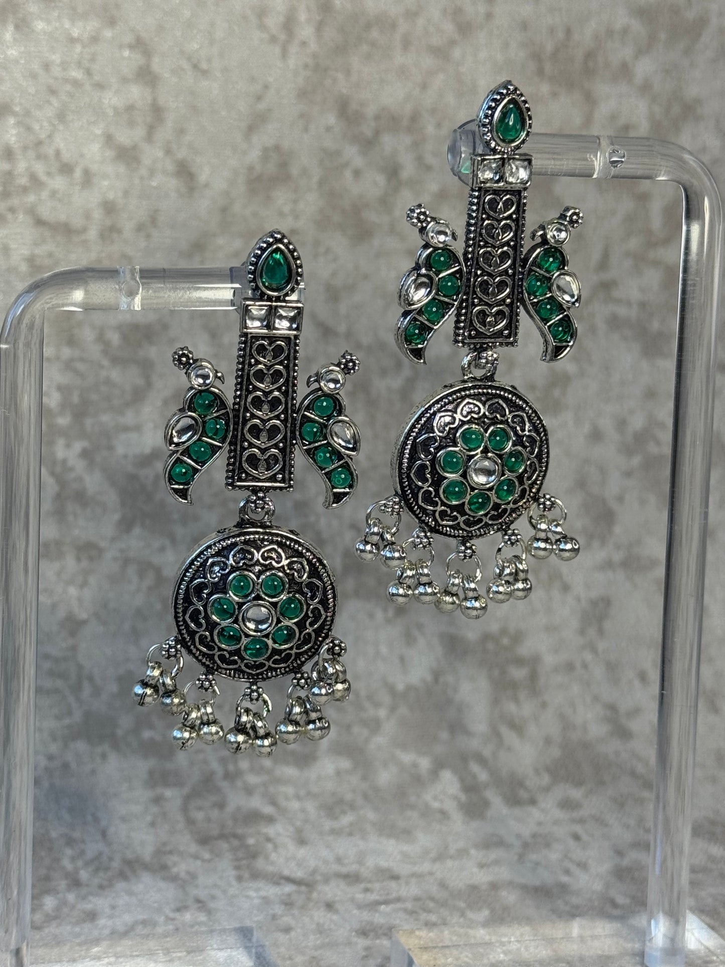 Oxidised Silver Earrings with Green Stone Accents