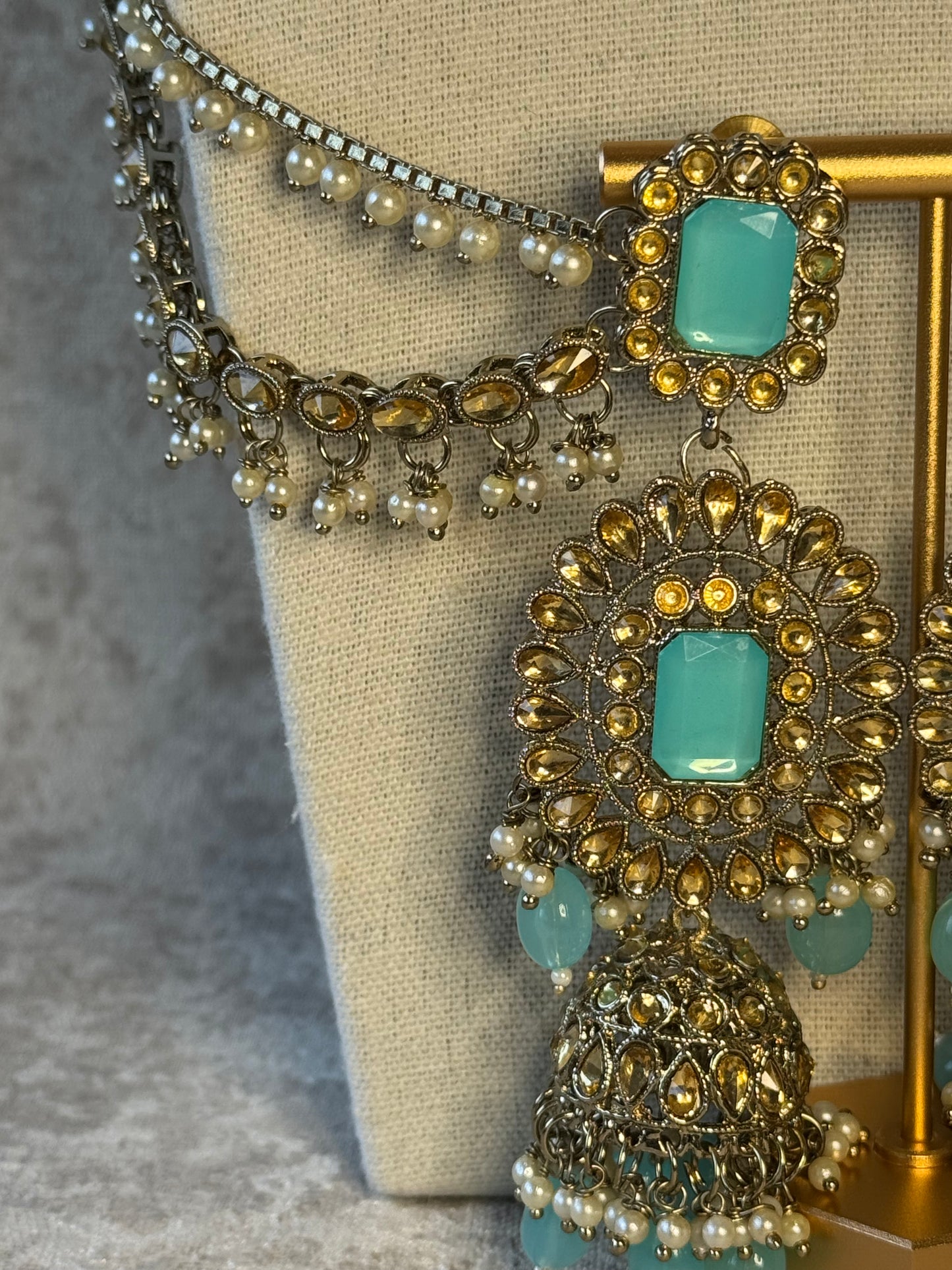 Sky Blue Choker Set with Tikka, Pasa & Earring with sahara