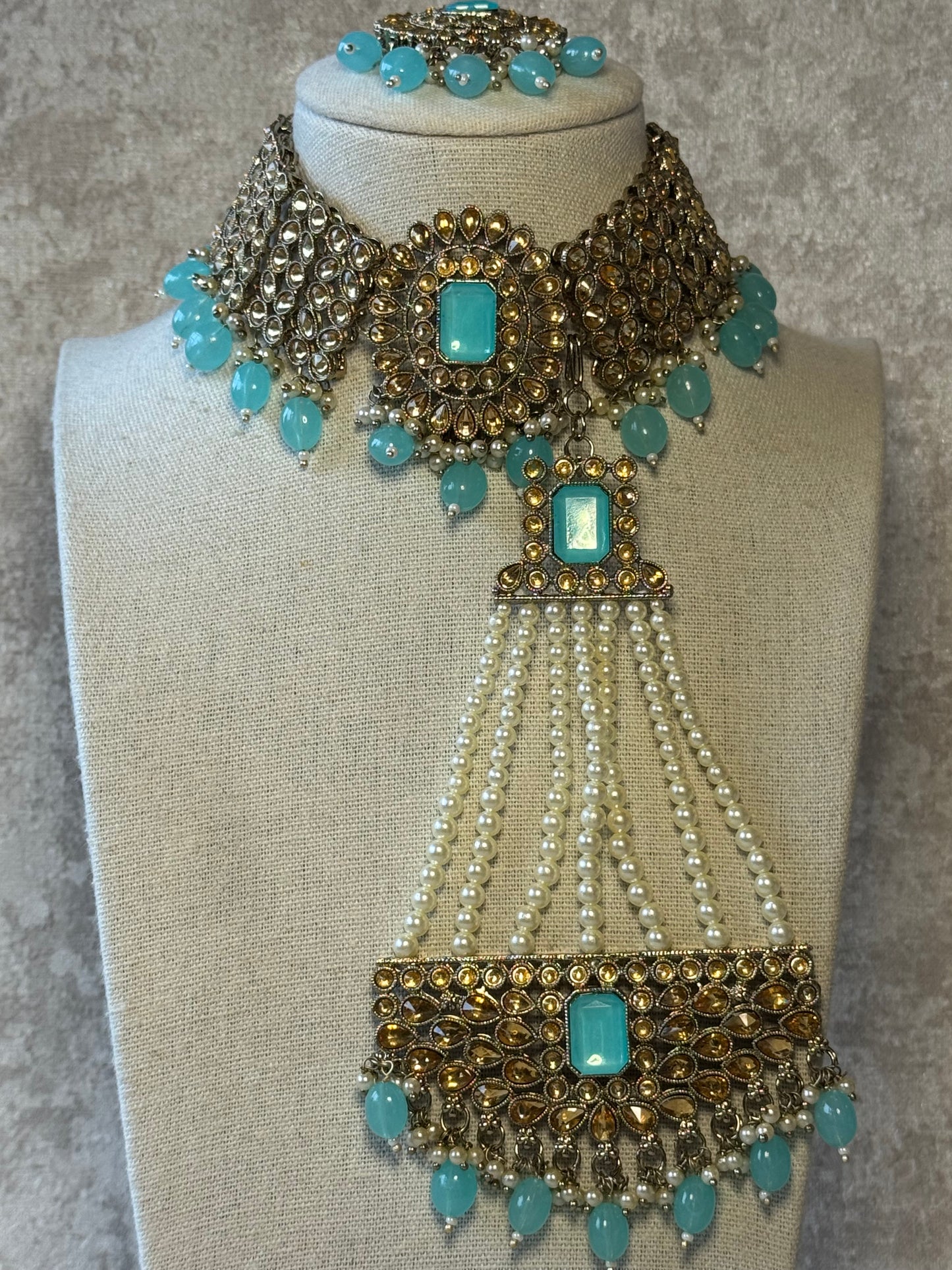 Sky Blue Choker Set with Tikka, Pasa & Earring with sahara