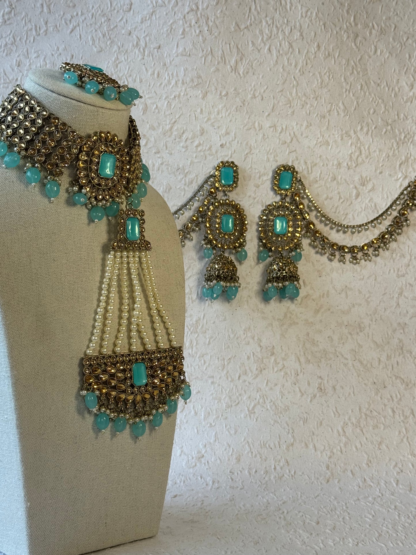 Sky Blue Choker Set with Tikka, Pasa & Earring with sahara