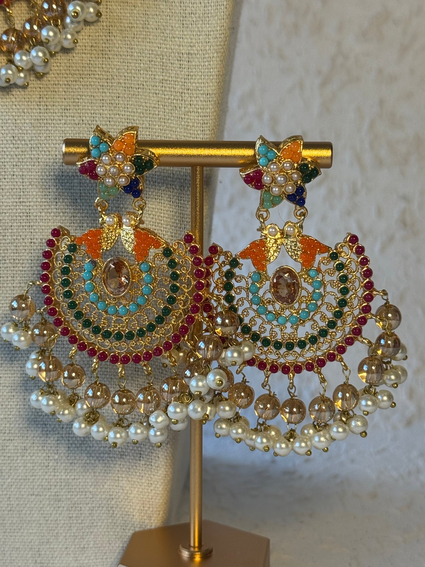 White Beaded Necklace set with Multi-colour statement piece & Bird Motif