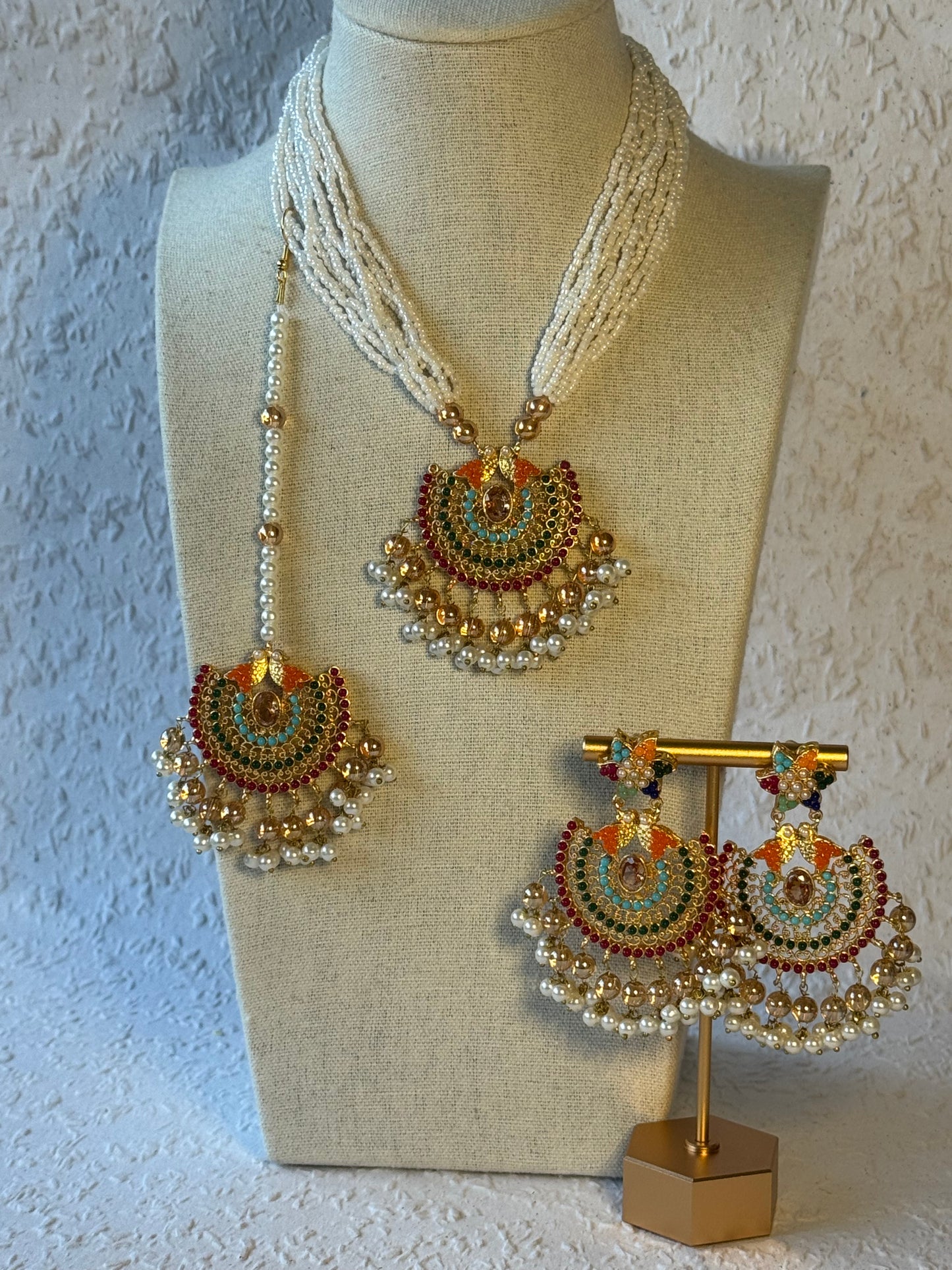 White Beaded Necklace set with Multi-colour statement piece & Bird Motif