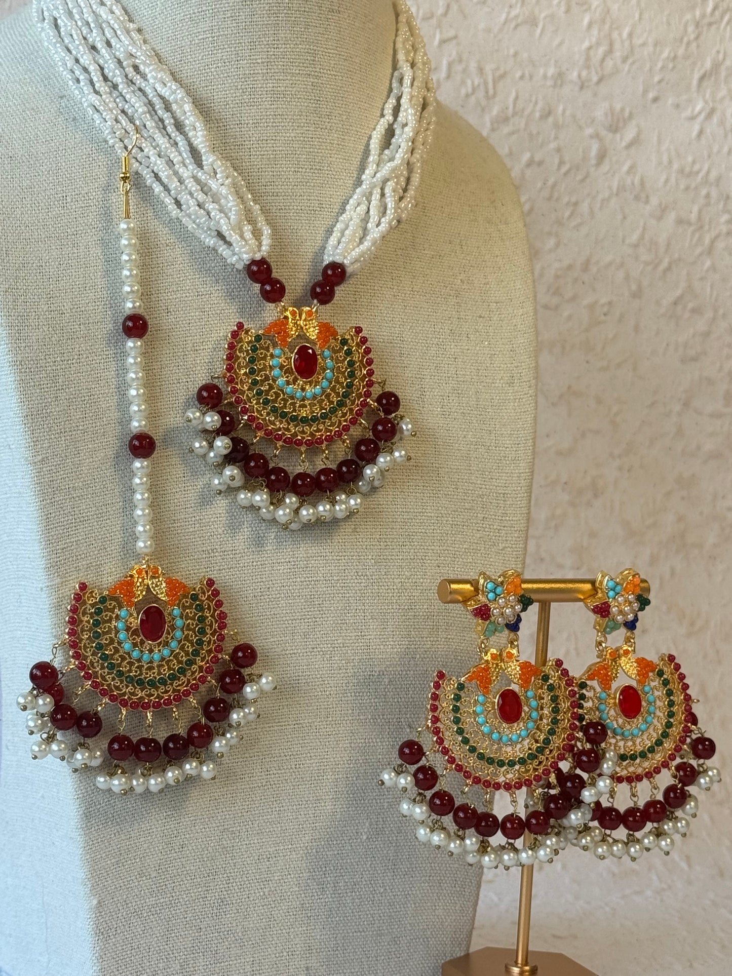 White Beaded Necklace set with Multi-colour statement piece & Bird Motif