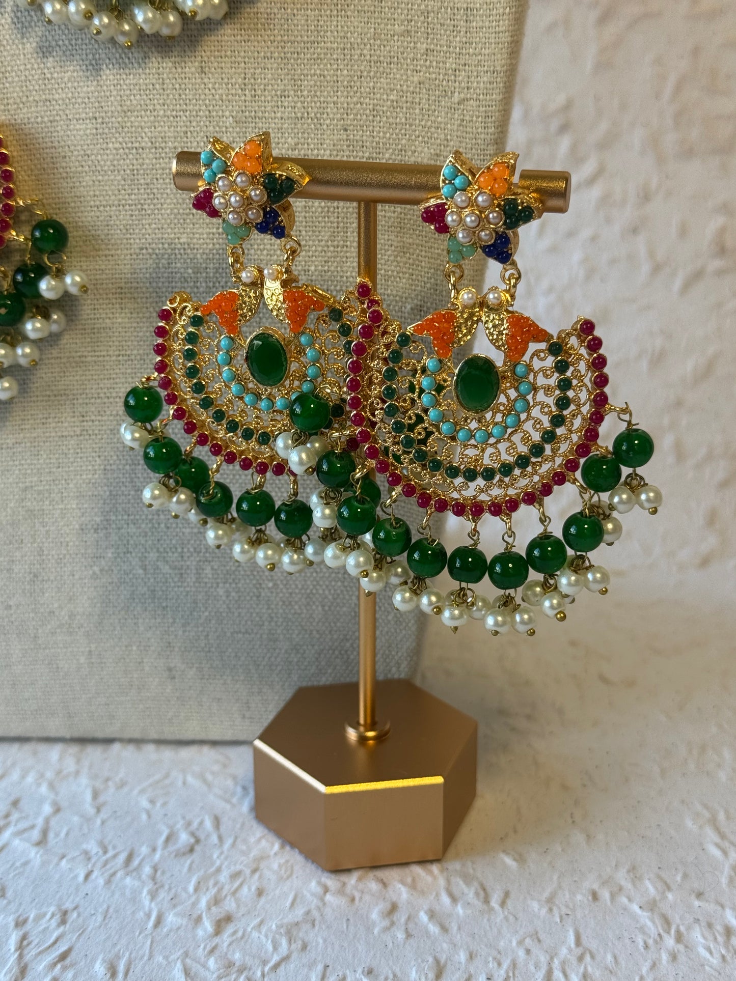 White Beaded Necklace set with Multi-colour statement piece & Bird Motif