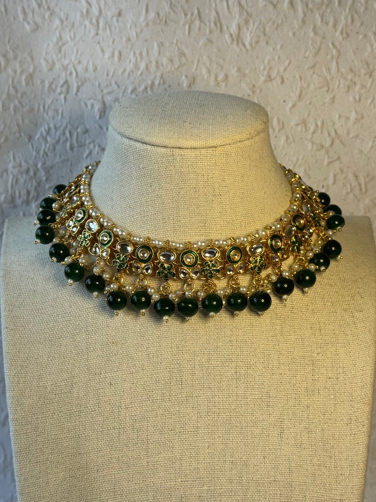 Emerald Green and Gold Necklace Set with Tikka
