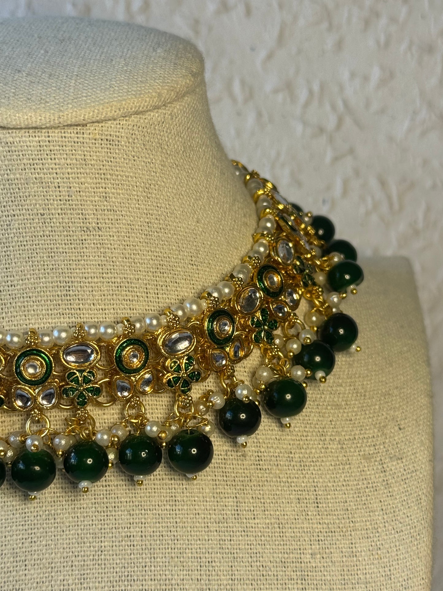 Emerald Green and Gold Necklace Set with Tikka