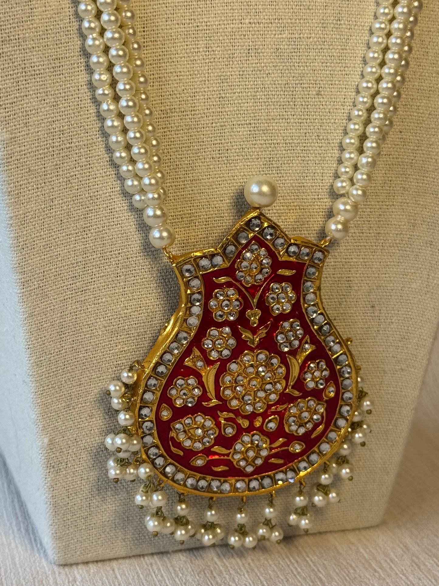 Pearl and Ruby Red Necklace Set with Tikka