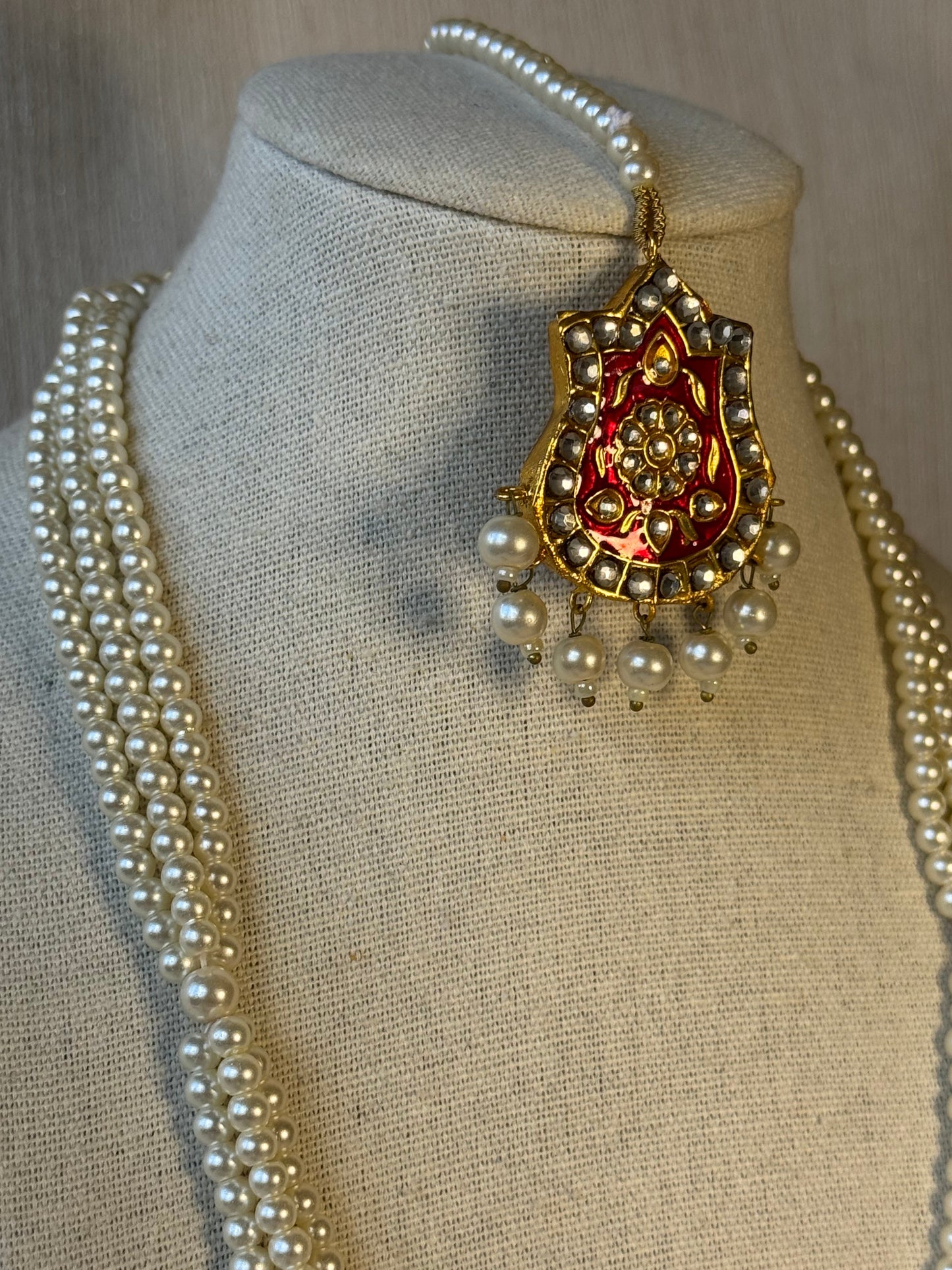Pearl and Ruby Red Necklace Set with Tikka