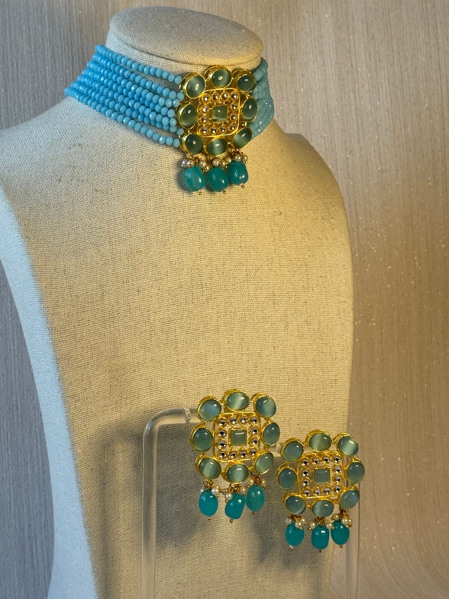 Sky Blue Choker Set with Stud earrings