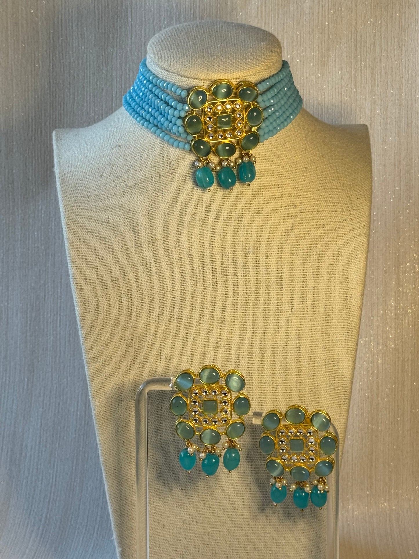 Sky Blue Choker Set with Stud earrings