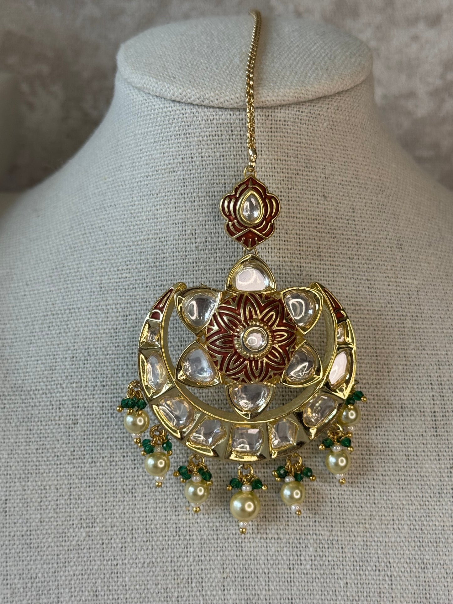 Exquisite Kundan Polki Maang Tikka with Pearl Drops