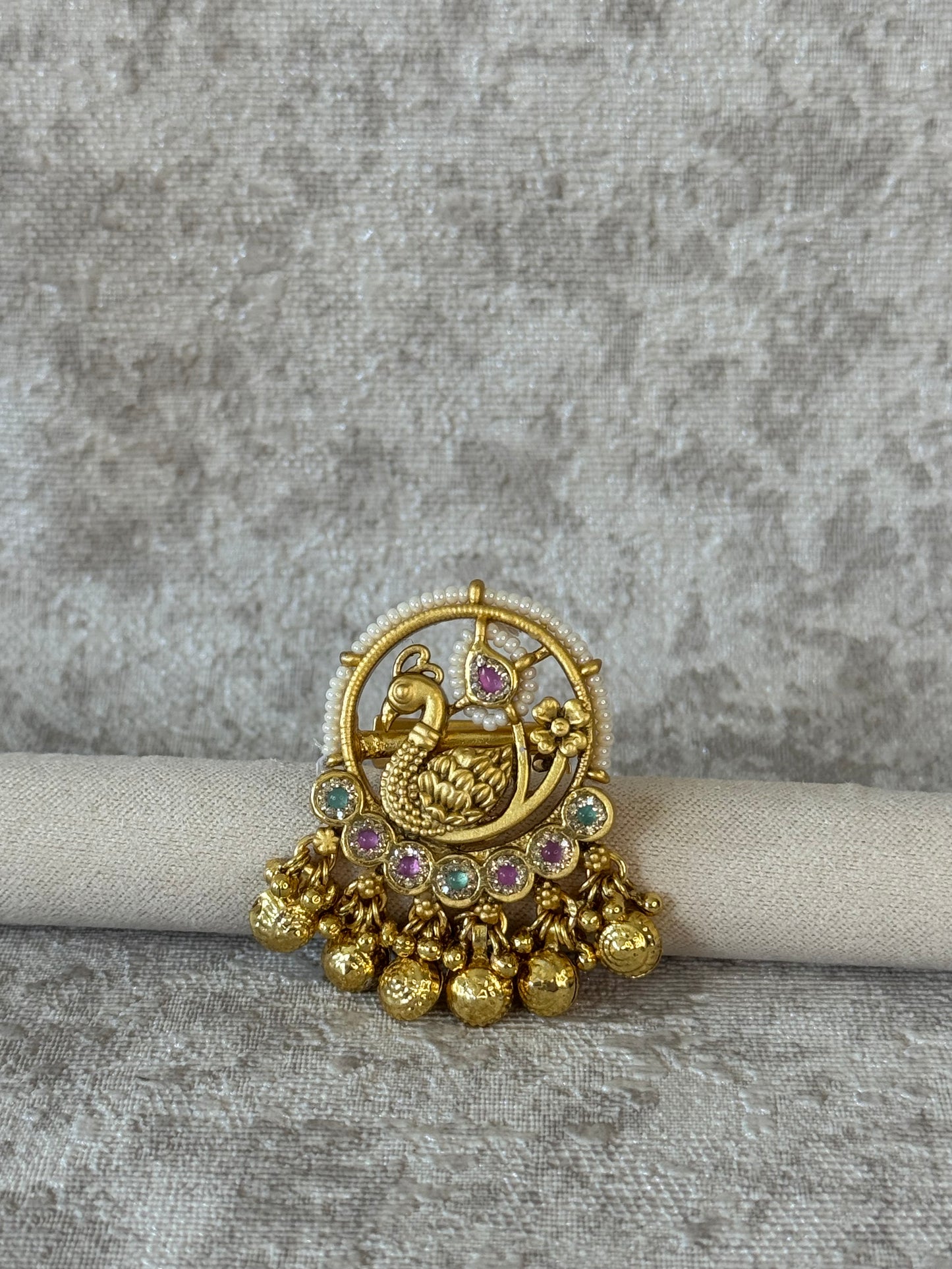 Elegant Peacock Gold-Toned Ring with Pearl & Gemstone Embellishments