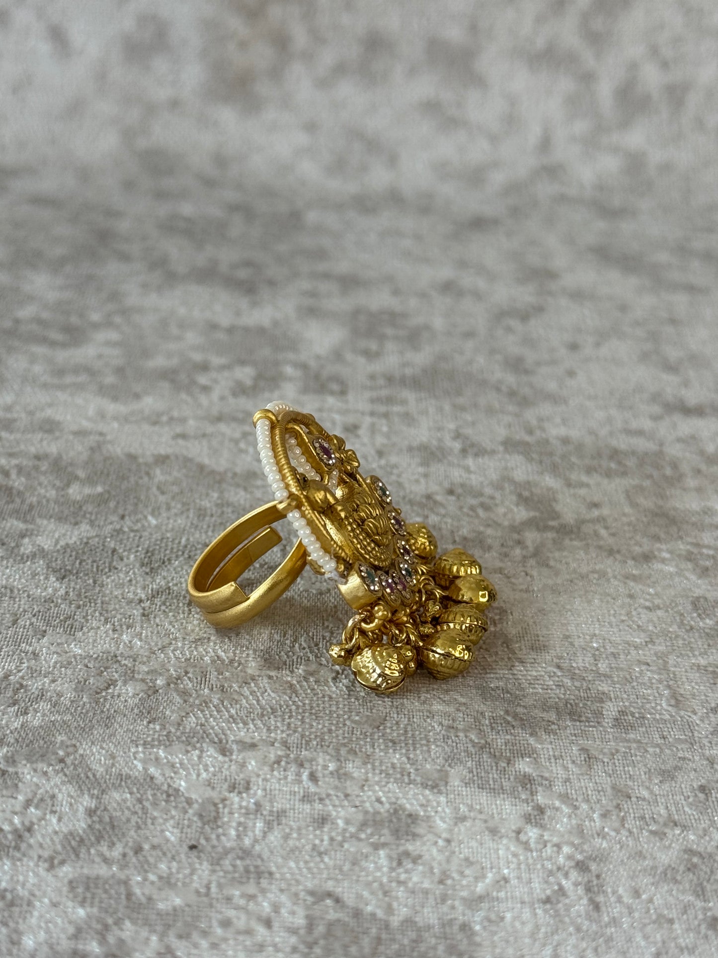 Elegant Peacock Gold-Toned Ring with Pearl & Gemstone Embellishments