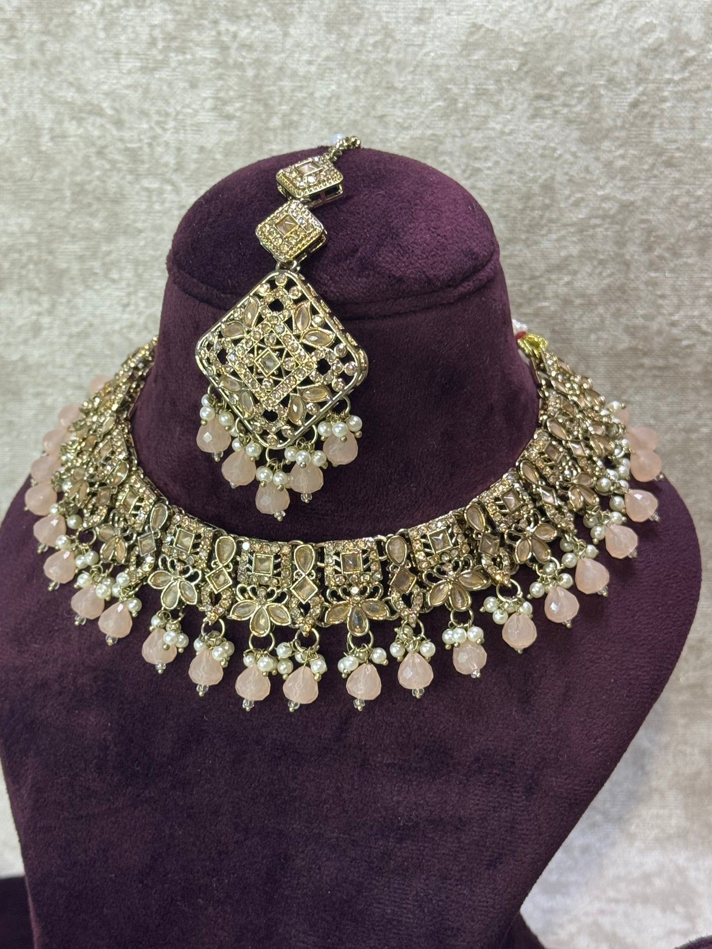 Champagne Gold Necklace Set with Jhumka & Square Tikka | The Tara Collection