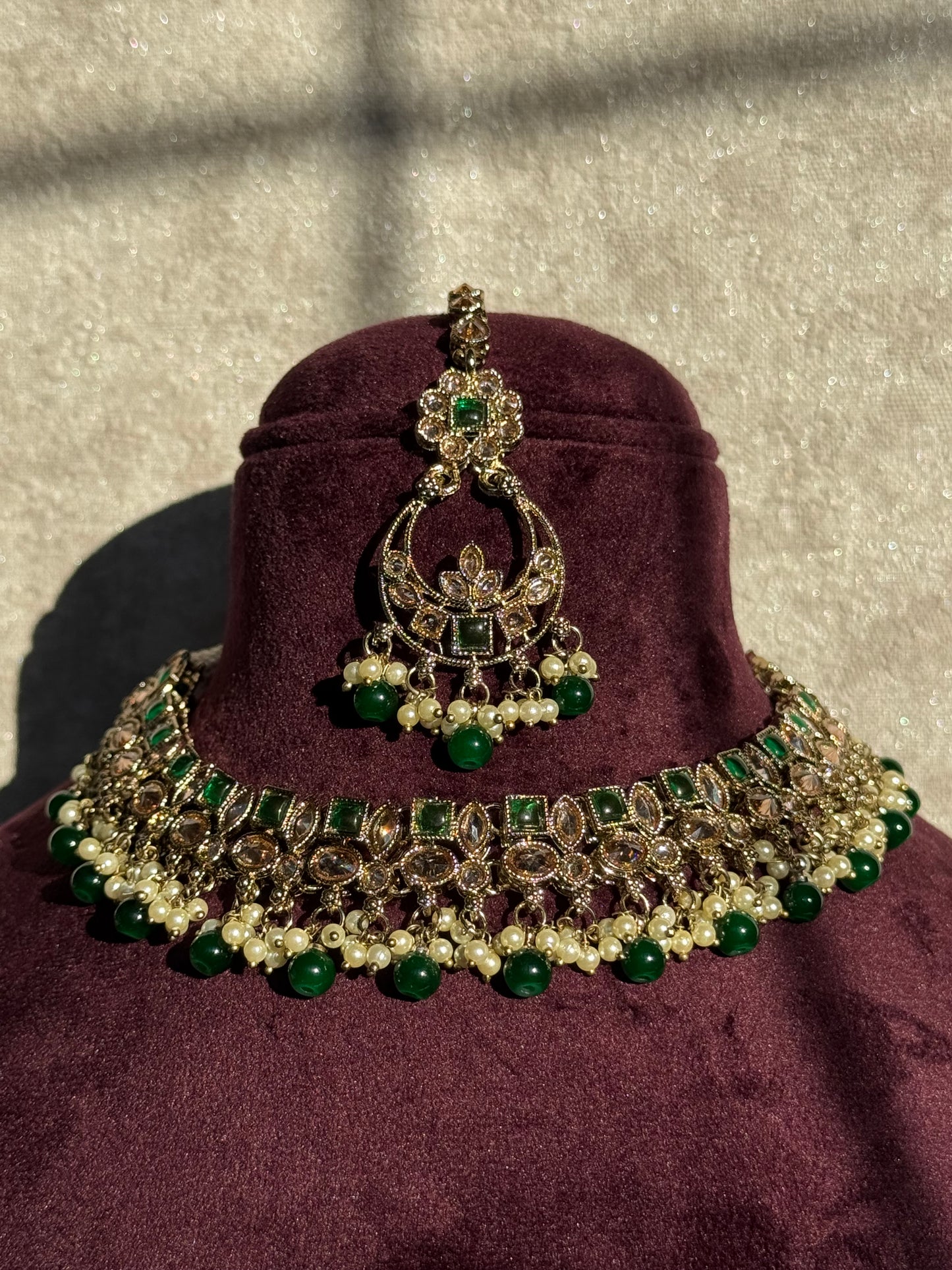 Crystal Champagne Stone Necklace Set (with earrings & tikka)