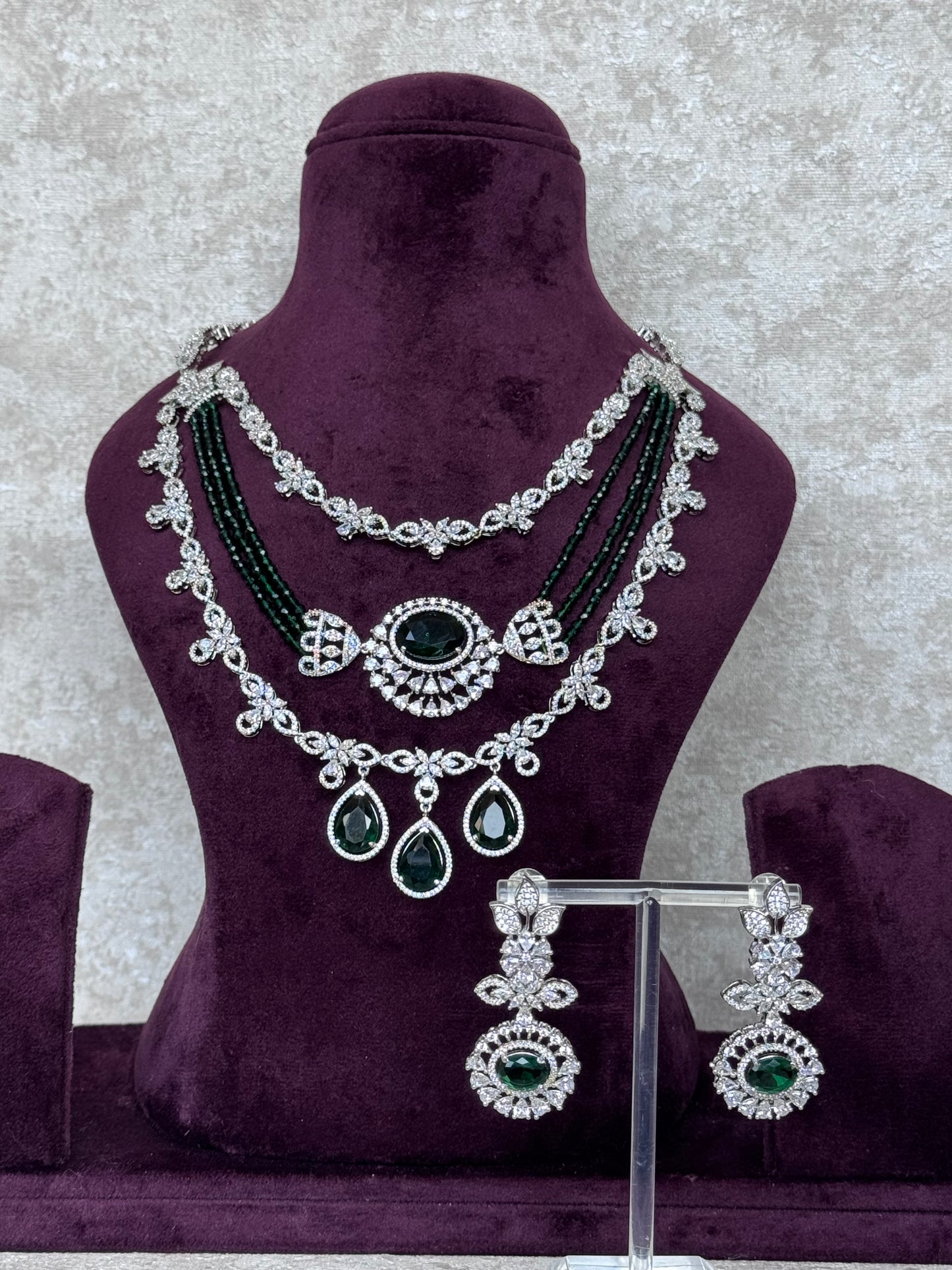 Emerald American Diamond Layered Necklace Set | The Tara Collection