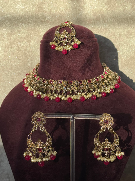 Crystal Champagne Stone Necklace Set (with earrings & tikka)