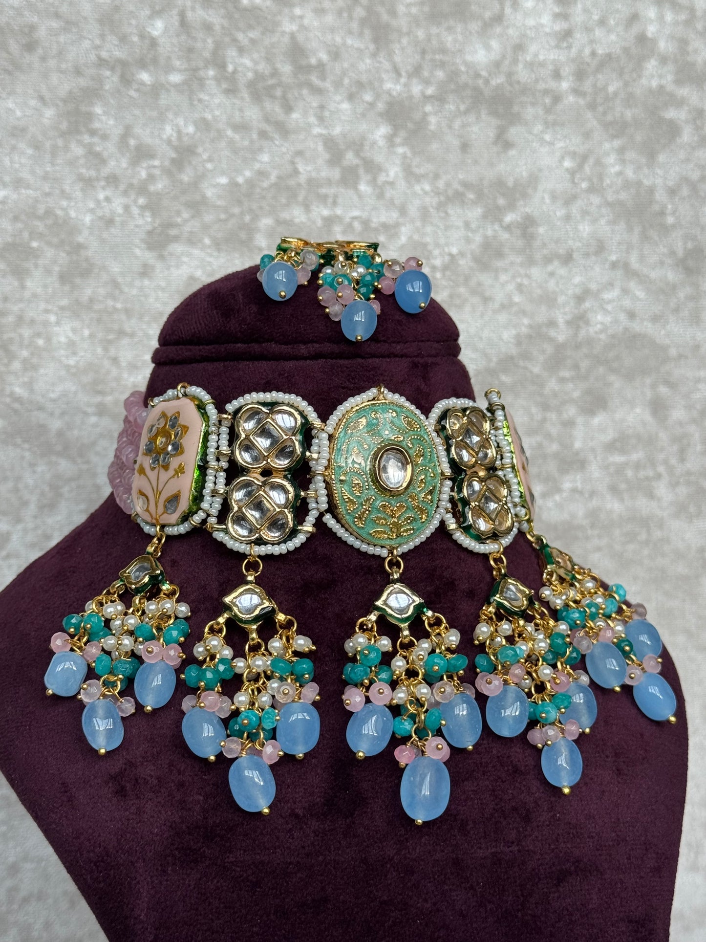 Pink & Blue Meenakari Necklace Set | The Tara Collection