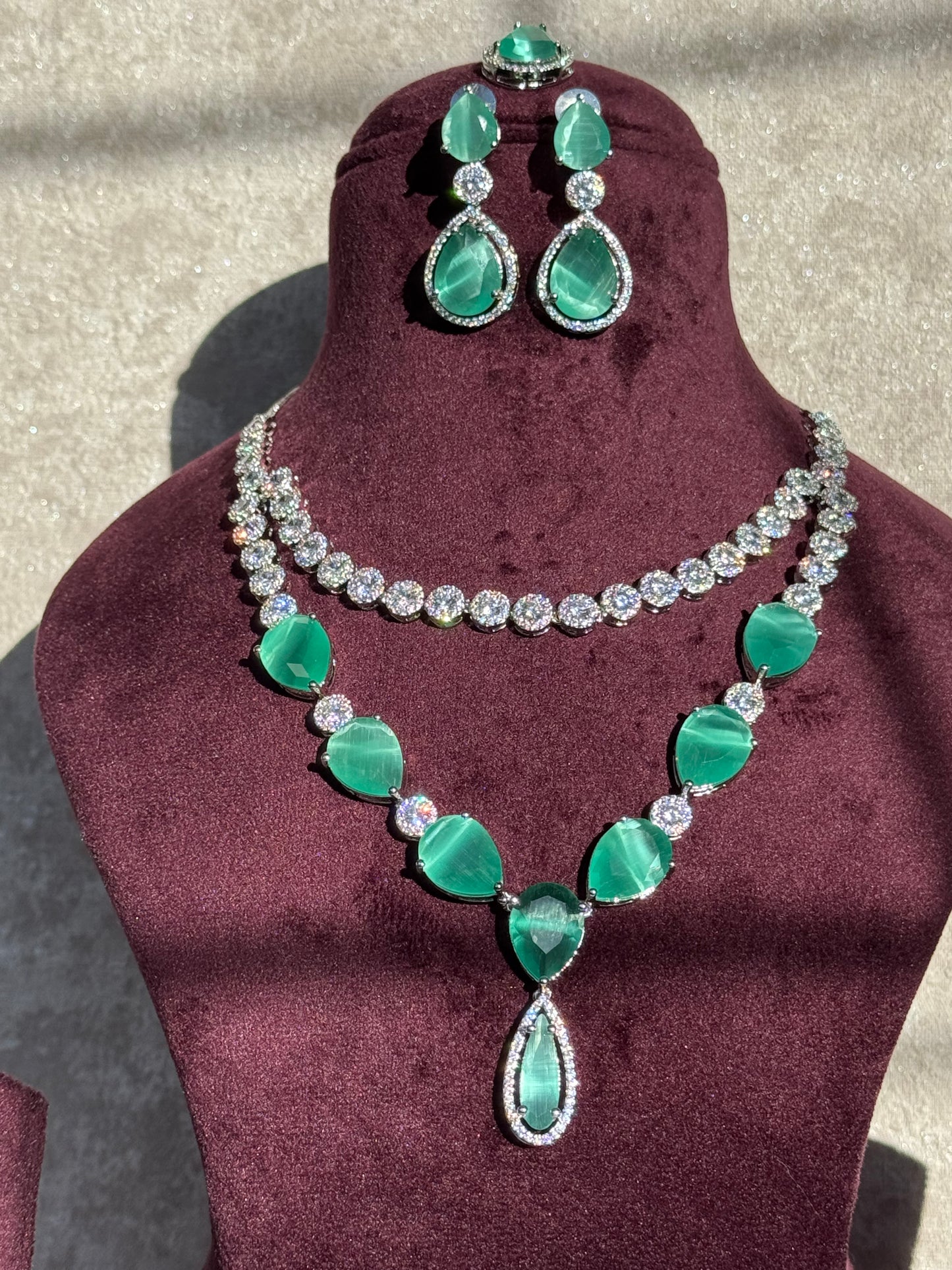Mint Green American Diamond Set | Double Layered Necklace, Earrings & Tikka