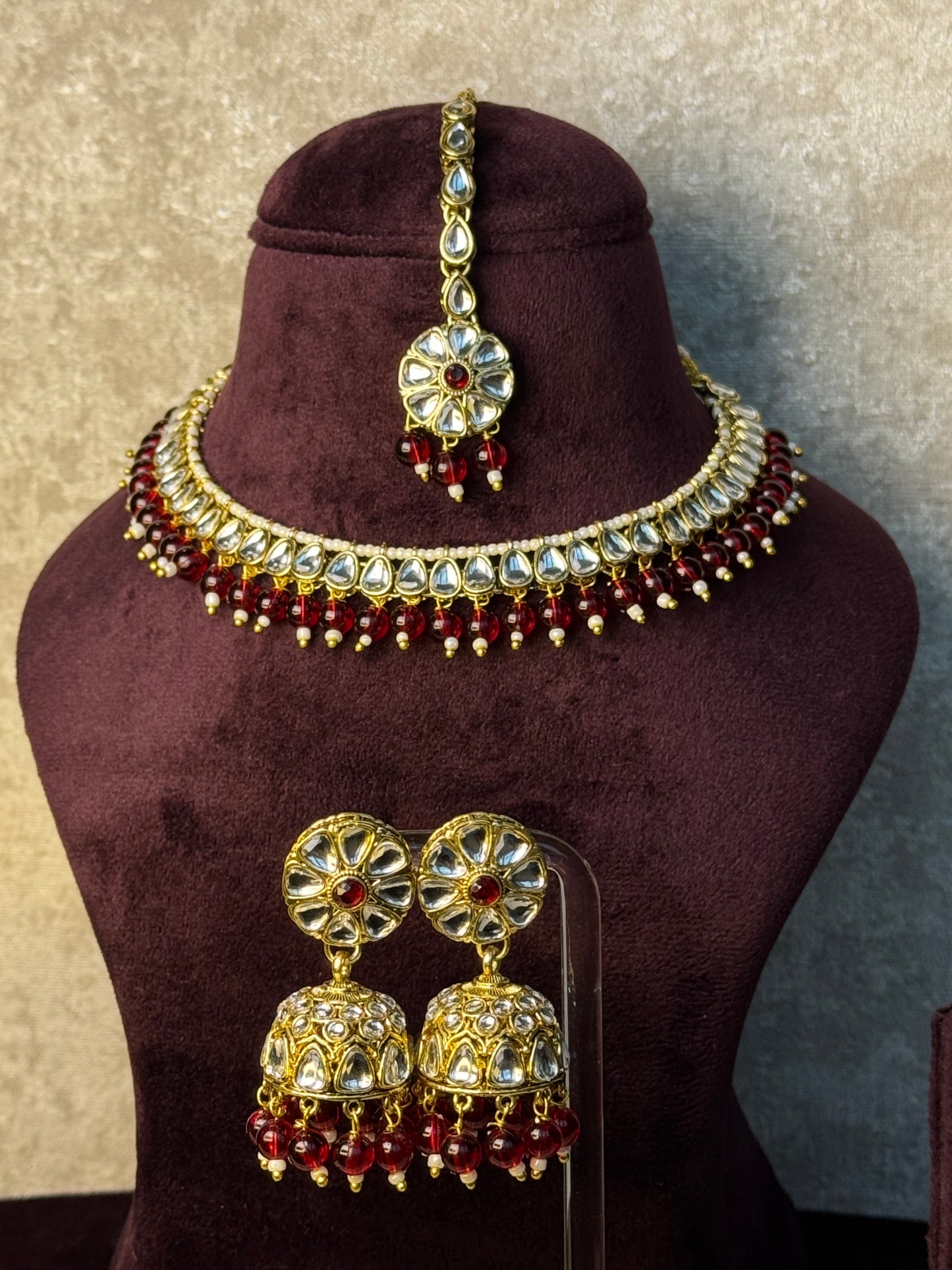 Slim Neckline Kundan Necklace Set | Necklace, Jhumka & Tikka