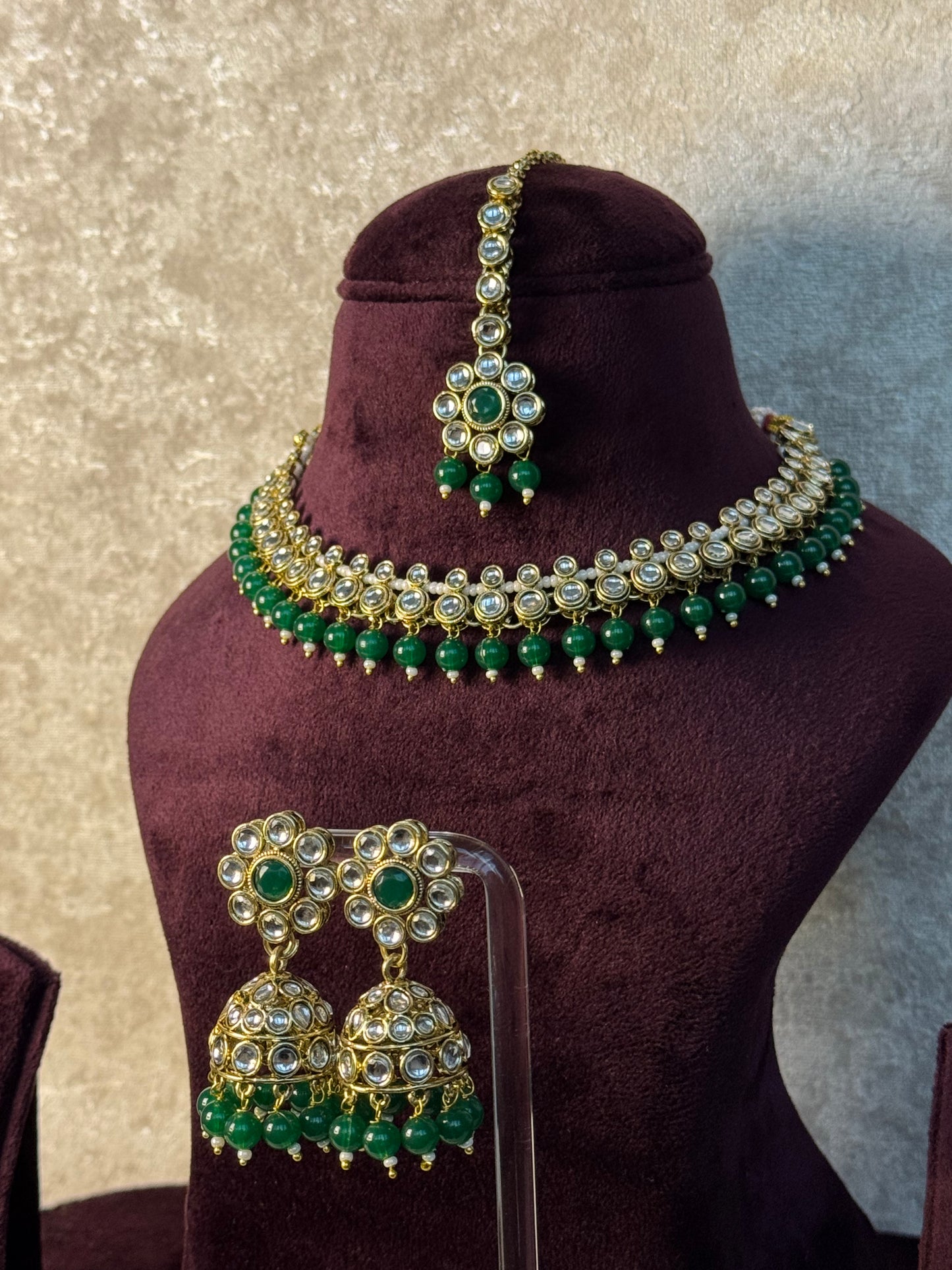 Slim Neckline Kundan Necklace Set | Necklace, Jhumka & Tikka