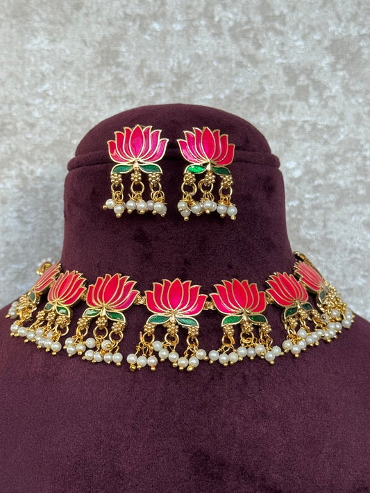 Lotus Necklace Set with Stud Earrings