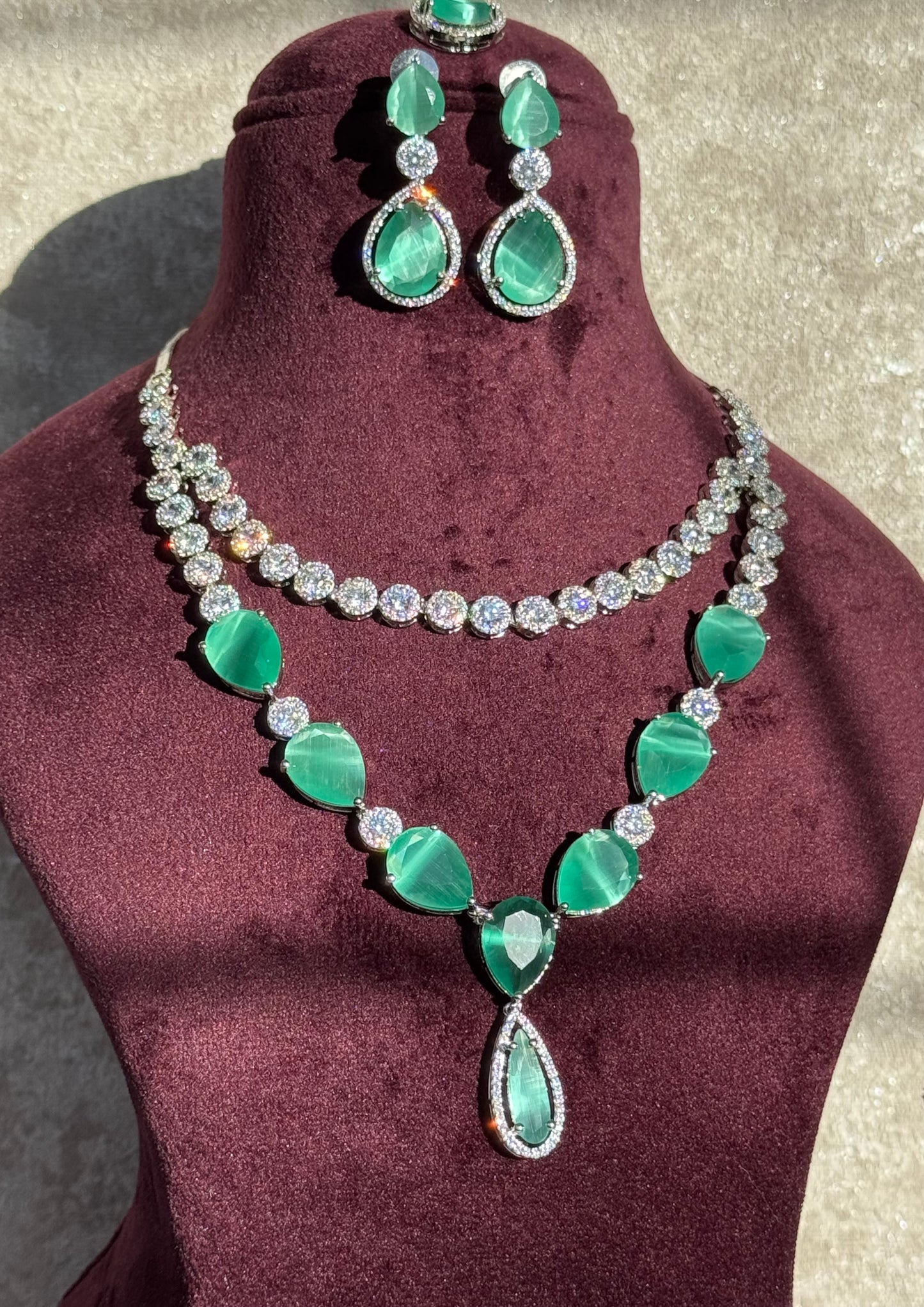 Mint Green American Diamond Set | Double Layered Necklace, Earrings & Tikka