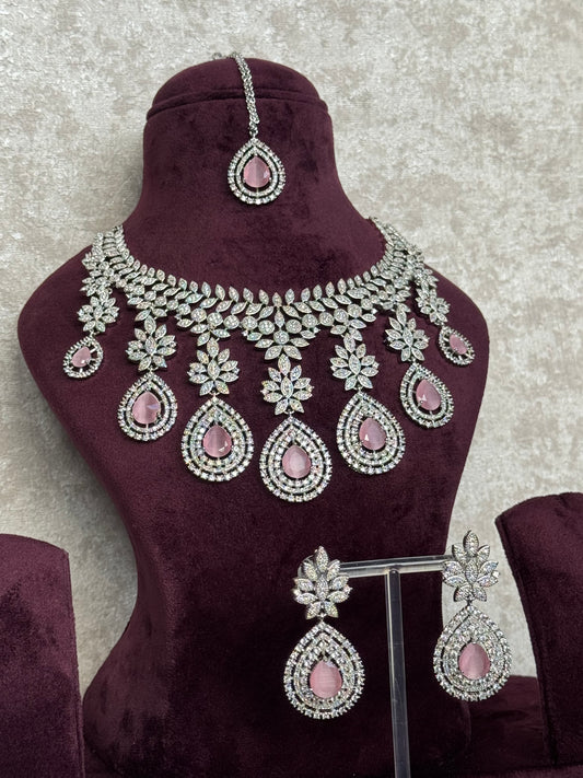 Semi Bridal AD Set | Baby Pink Statement Necklace, Earrings & Tikka