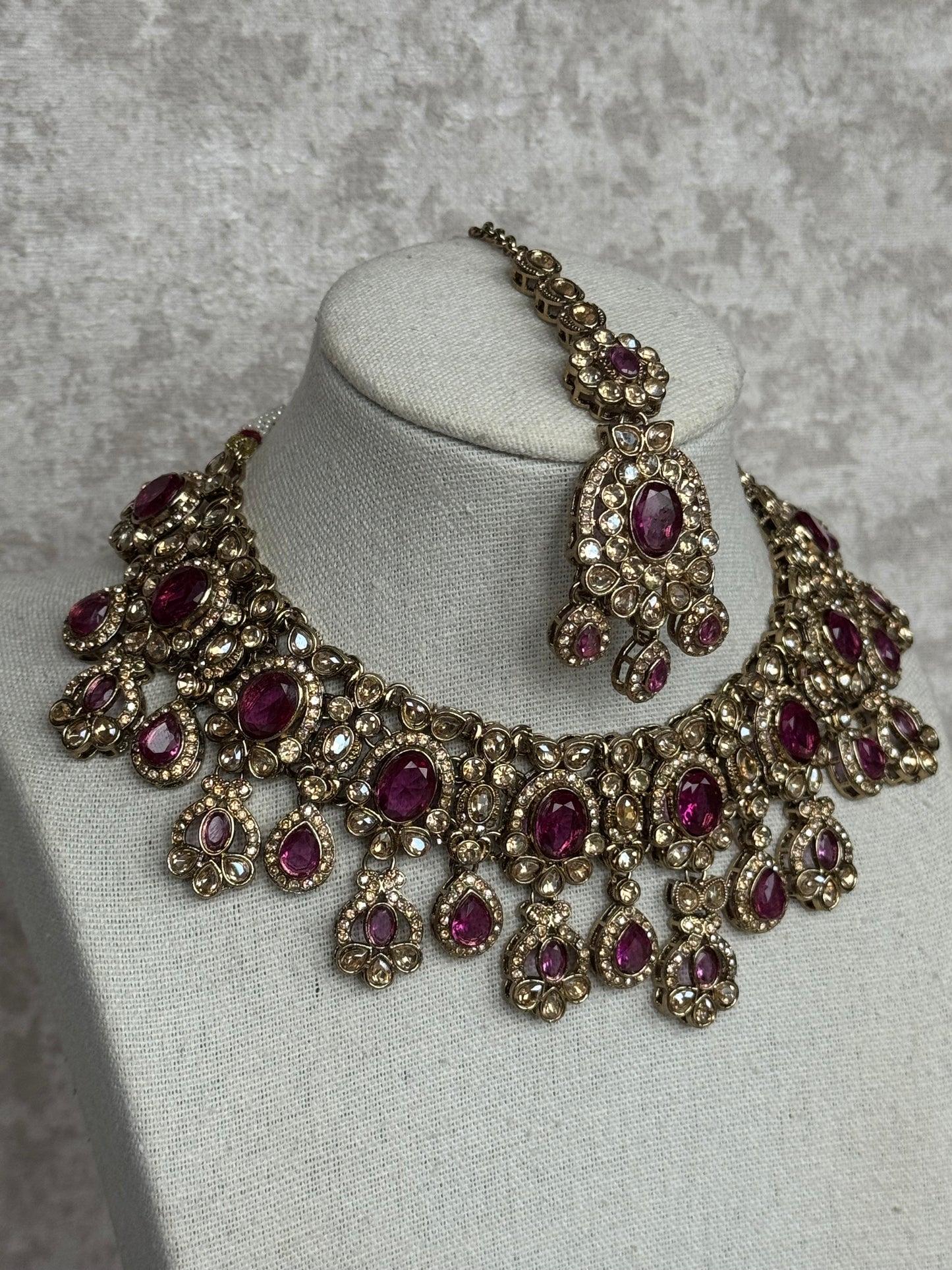Plum Statement Necklace Set | With Earrings & Tikka