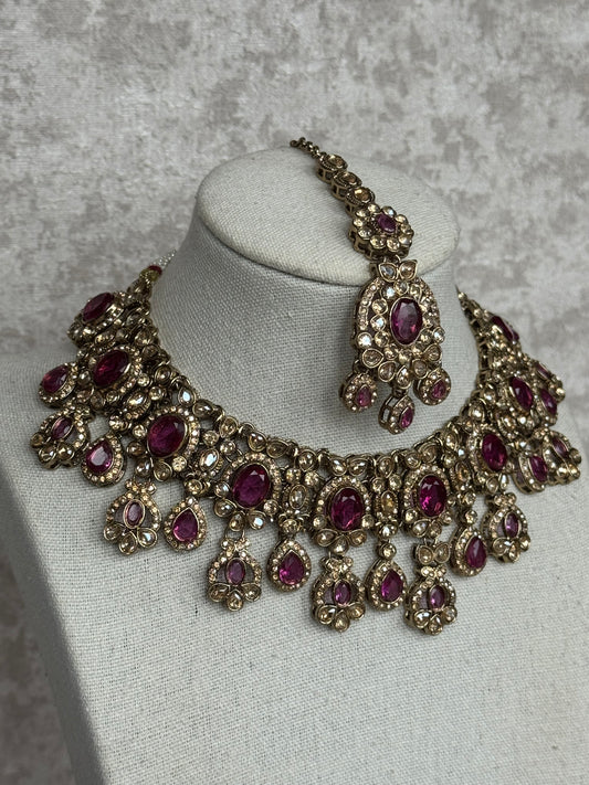 Plum Statement Necklace Set | With Earrings & Tikka