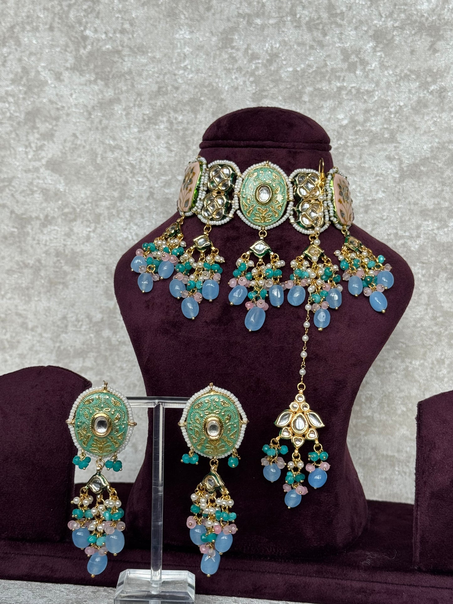 Pink & Blue Meenakari Necklace Set | The Tara Collection