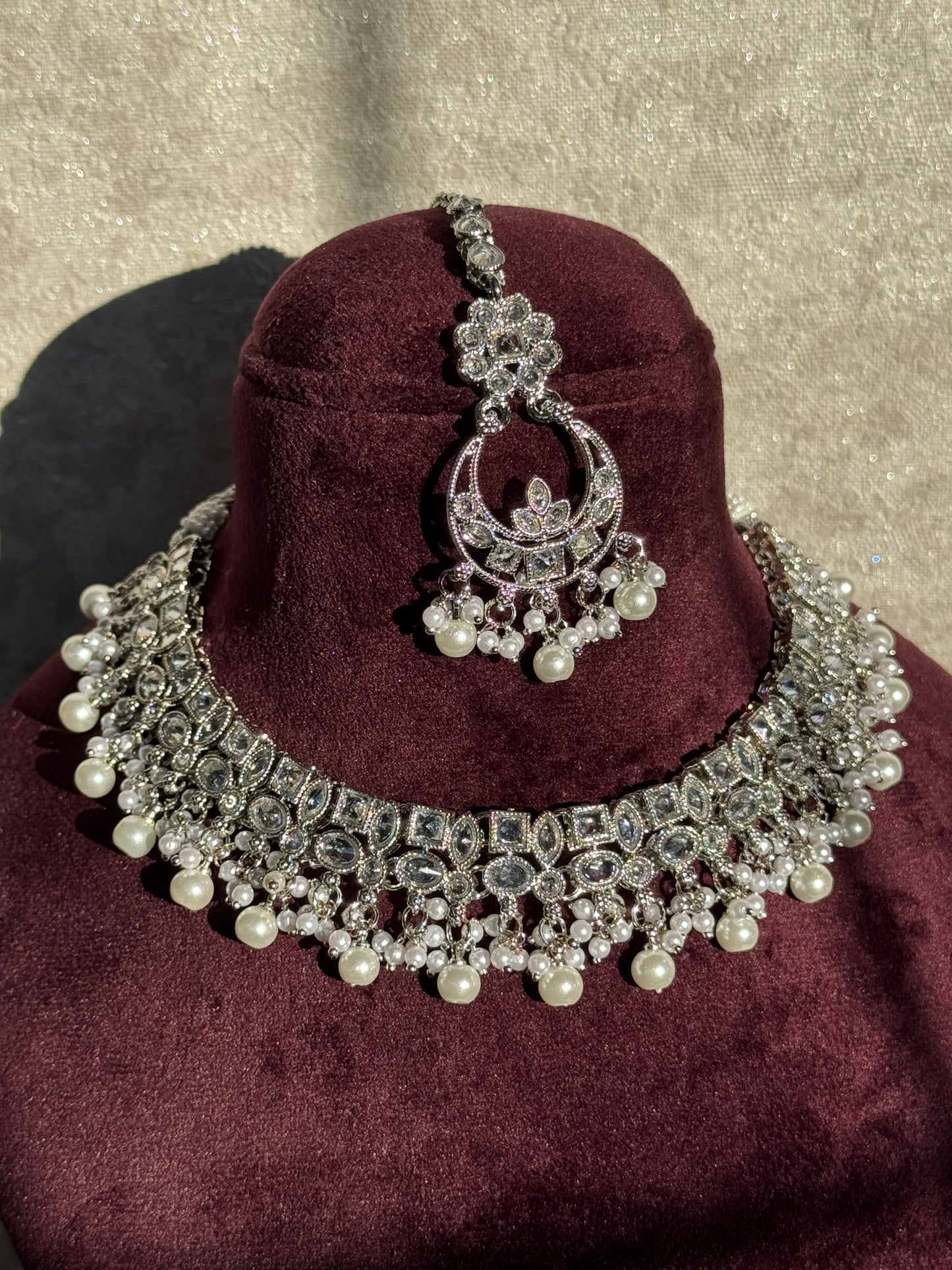 Crystal Champagne Stone Necklace Set (with earrings & tikka)